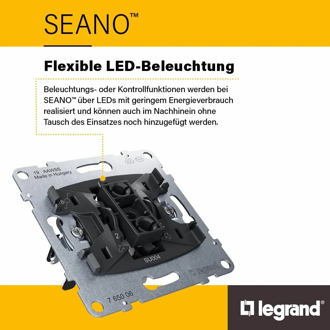 Legrand, SEANO przełącznik szeregowy, zaciski wtykowe, 2 x funkcja oświetlenia LED z możliwością doposażenia (numer artykułu: 764526), 2 x funkcja kontrolna LED z możliwością doposażenia (numer