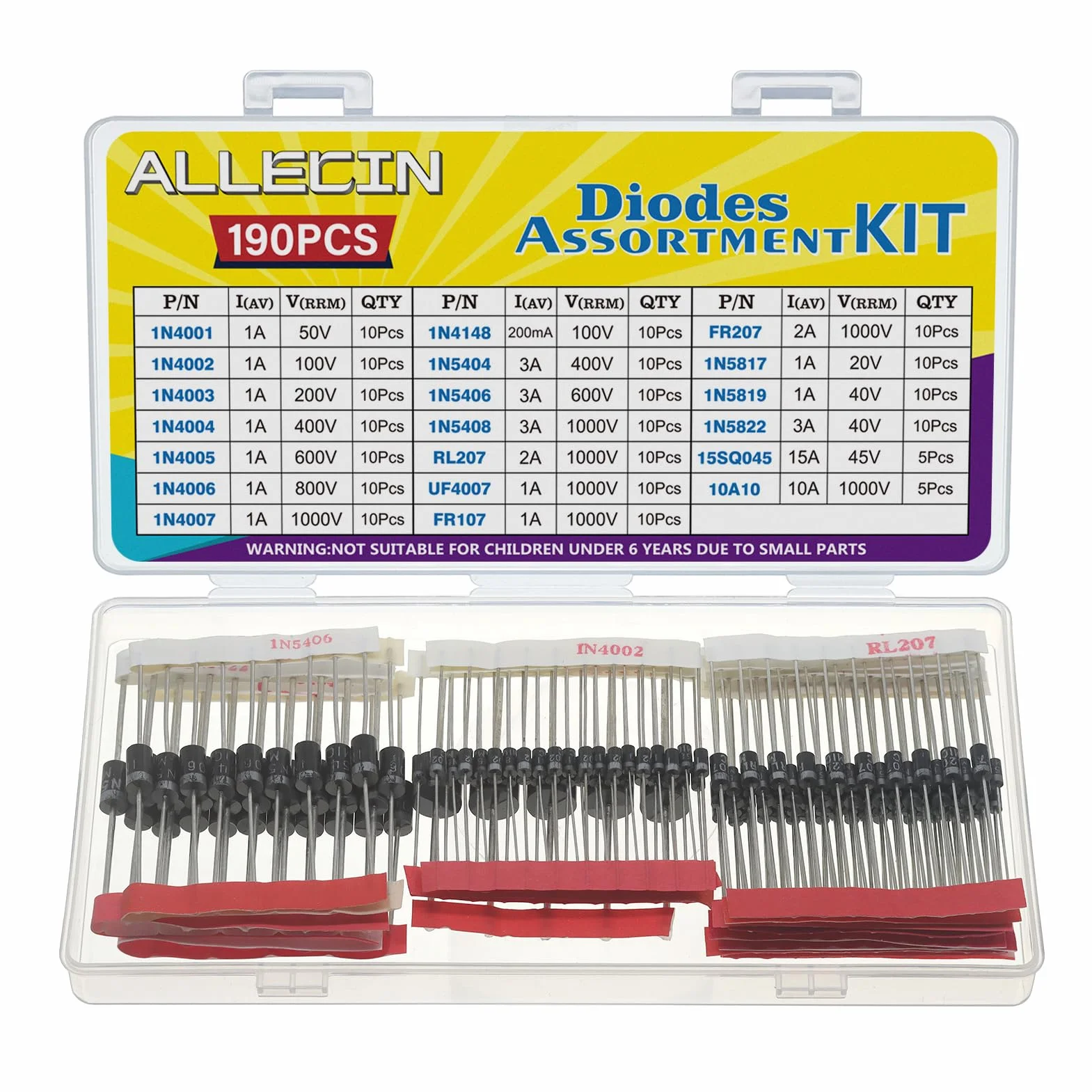 20Values Diodes Kit 1N4001 1N4002 1N4003 1N4004 1N4005 1N4006 1N4007 1N4148 1N5404 1N5406 1N5408 RL207 UF4007 FR107 FR207 1N5817 1N5819 1N5822 15SQ045 10A10 Rectifier Schottky Diode Assortment