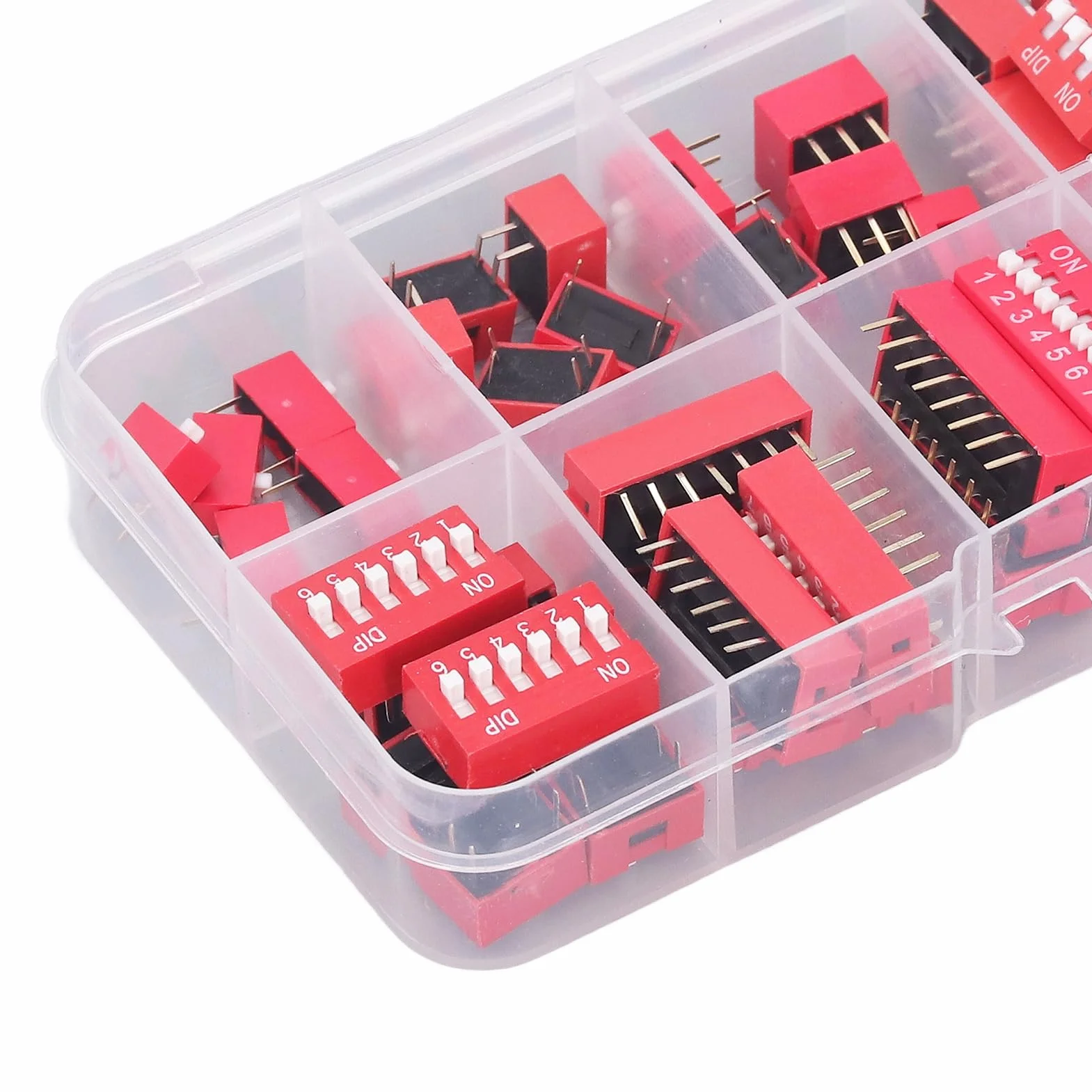 45 Sztuk Przełącznik Dip Różne Zestawy 2.54mm PCB do Montażu na Off Dip Przełącznik DIL Typ Suwaka Czerwony Przełącznik Dwupozycyjny do Obwodów Breadboards