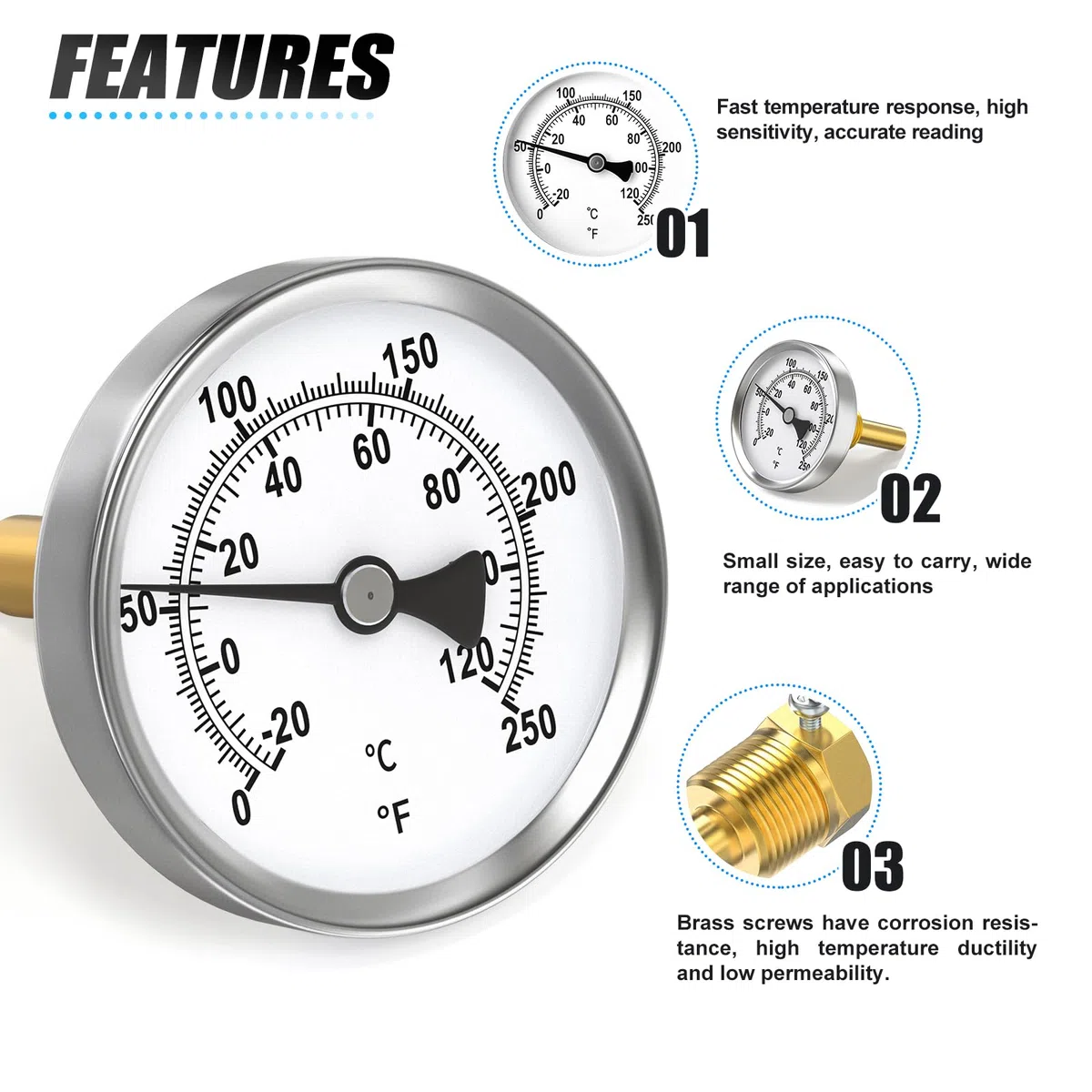 MEANLIN MEASURE Termometr bimetalowy 1/2" BSP do gorącej wody, kotła i rur, tarcza 2-1/2", bezołowiowy chwyt mosiężny 2-1/4", zakres temperatur -20~120℃/0~250℉, dokładność 2%, uchwyt środkowy tylny