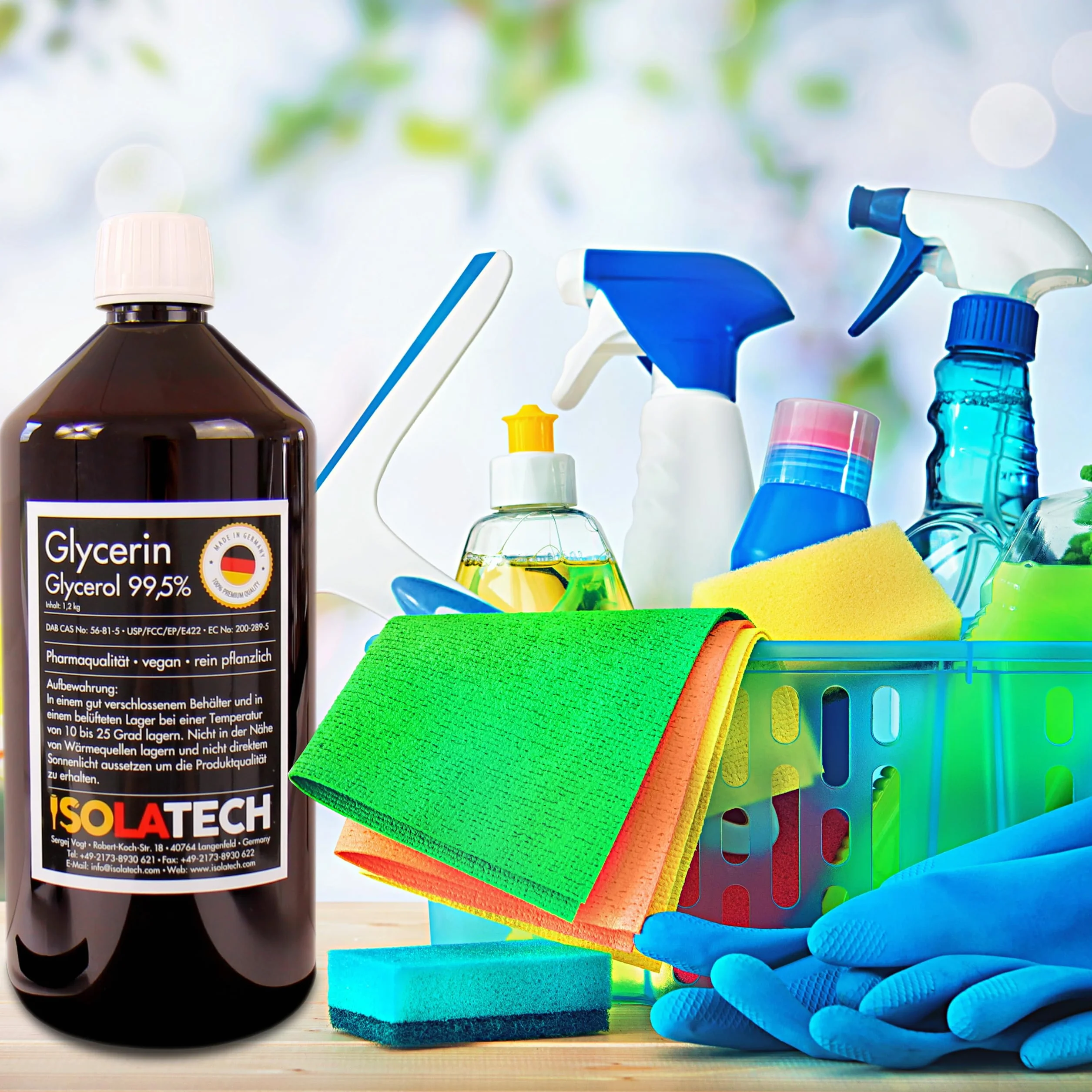ISOLATECH Gliceryna 99,5% 1 l, jakość farmaceutyczna made in Germany, mierzona w 99,98% czysto roślinna, gliceryna glicerolowa, przezroczysta, 2 x 500 ml butelka (zawartość 2 x 600 g)