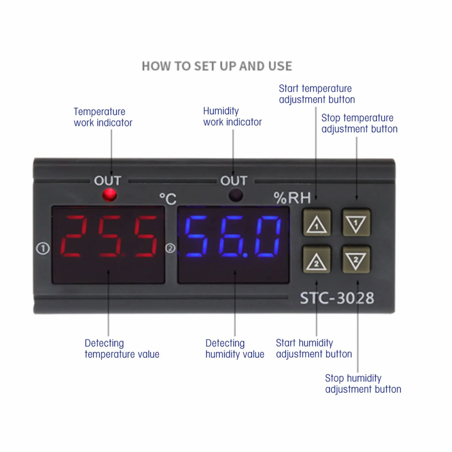 STC-3028 Regulacja Temperatury 12 V/24 V/110 V/220 V Cyfrowy Wyświetlacz Miernik Temperatury i Wilgotności ze Zintegrowanym Czujnikiem(12V)