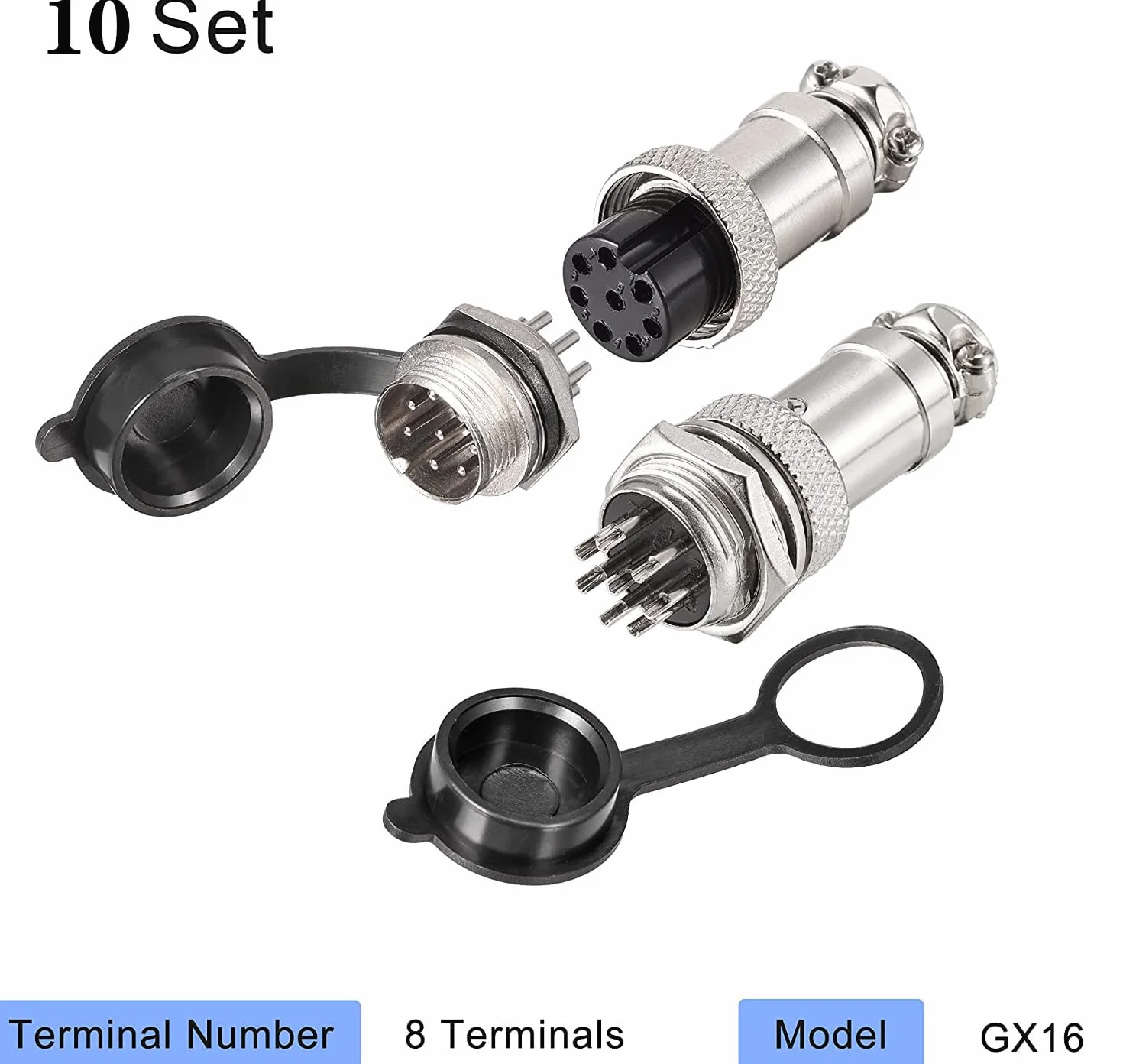 20 szt. GX16 8Pin Panel Metal Mounting Round Aviation Plug, 16 mm męski / żeński wtyk do kabli lotniczych 8-pinowy + gumowa czapka ochronna