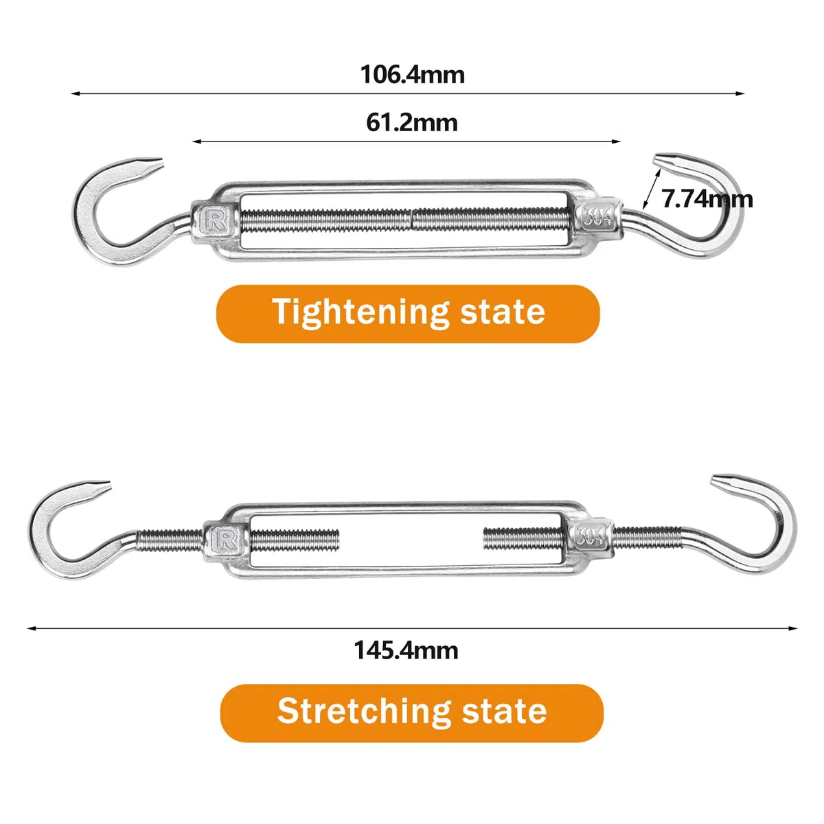 6 sztuk napinaczy do linki M4, stal nierdzewna 304, regulowane napinacze drutu, haki mocujące Heavy Duty, haki napinające
