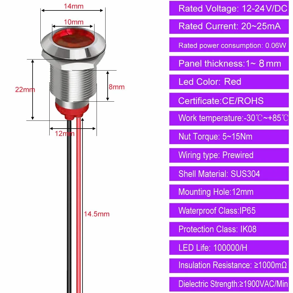 Gebildet 5 Sztuk Metalowy Wskaźnik Świetlny LED 12mm AC/DC 12-24V Wodoodporna Lampka Sygnalizacyjna Czerwony