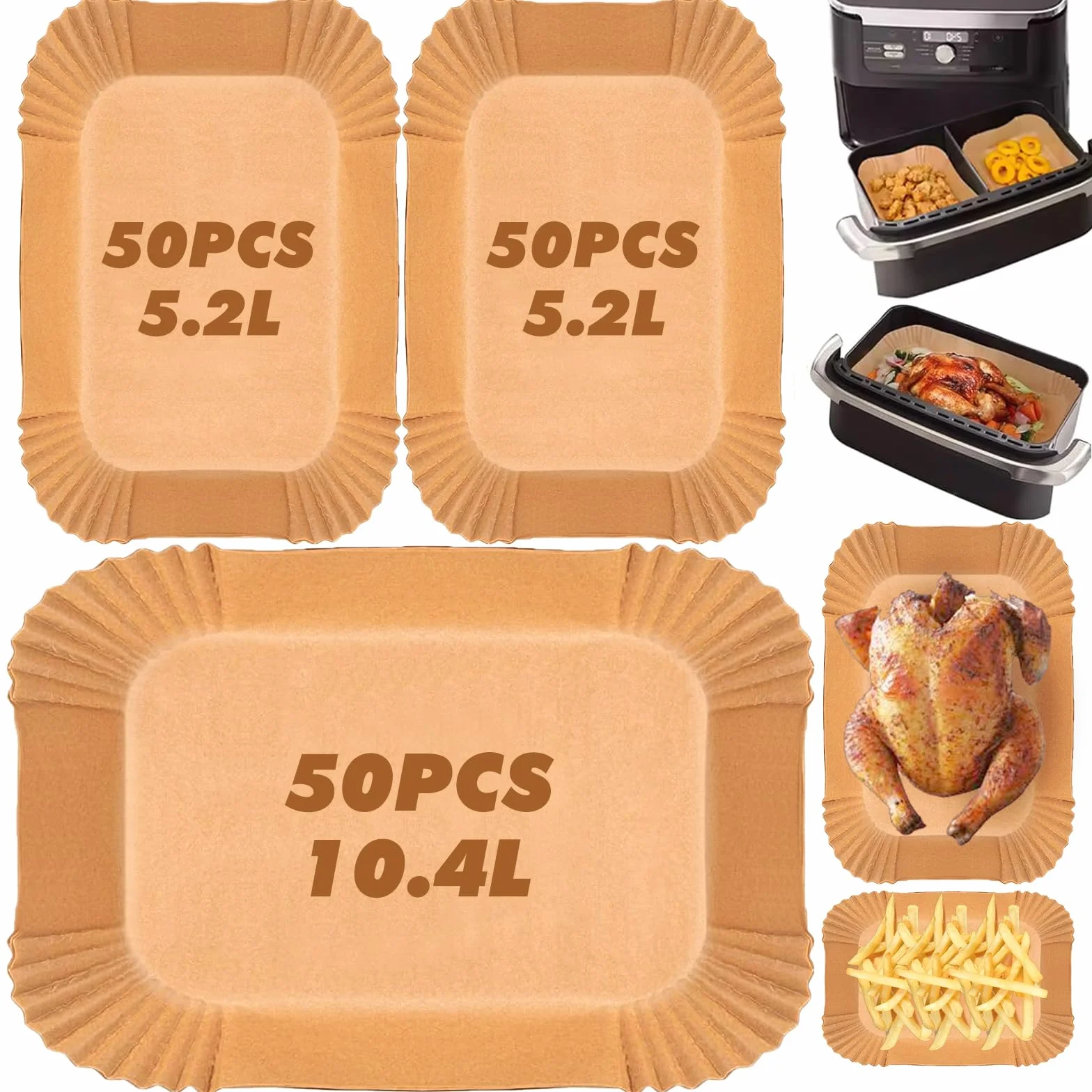 150 Sztuk Papieru Do Pieczenia Airfryer, Papier Do Airfryer Kompatybilny z COSORI Dual Blaze/TwinFry XXL 10L, Duronic AF34 10L, Instant XXL 8.5L, Ometa 9L – 100 Sztuk na 5.2L + 50 Sztuk na 10.4L/10L