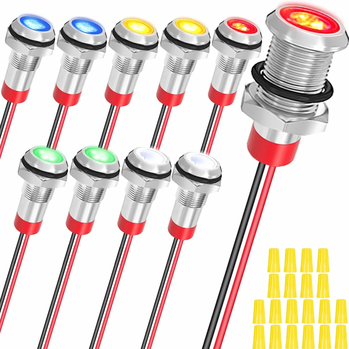 10 szt. 8 mm AC/DC 12-24 V LED metalowa lampa sygnalizacyjna, wodoszczelna, 5 kolorów (czerwony/żółty/niebieski/zielony/biały) z kablem o długości 150 mm, metalowy kierunkowskaz LED i
