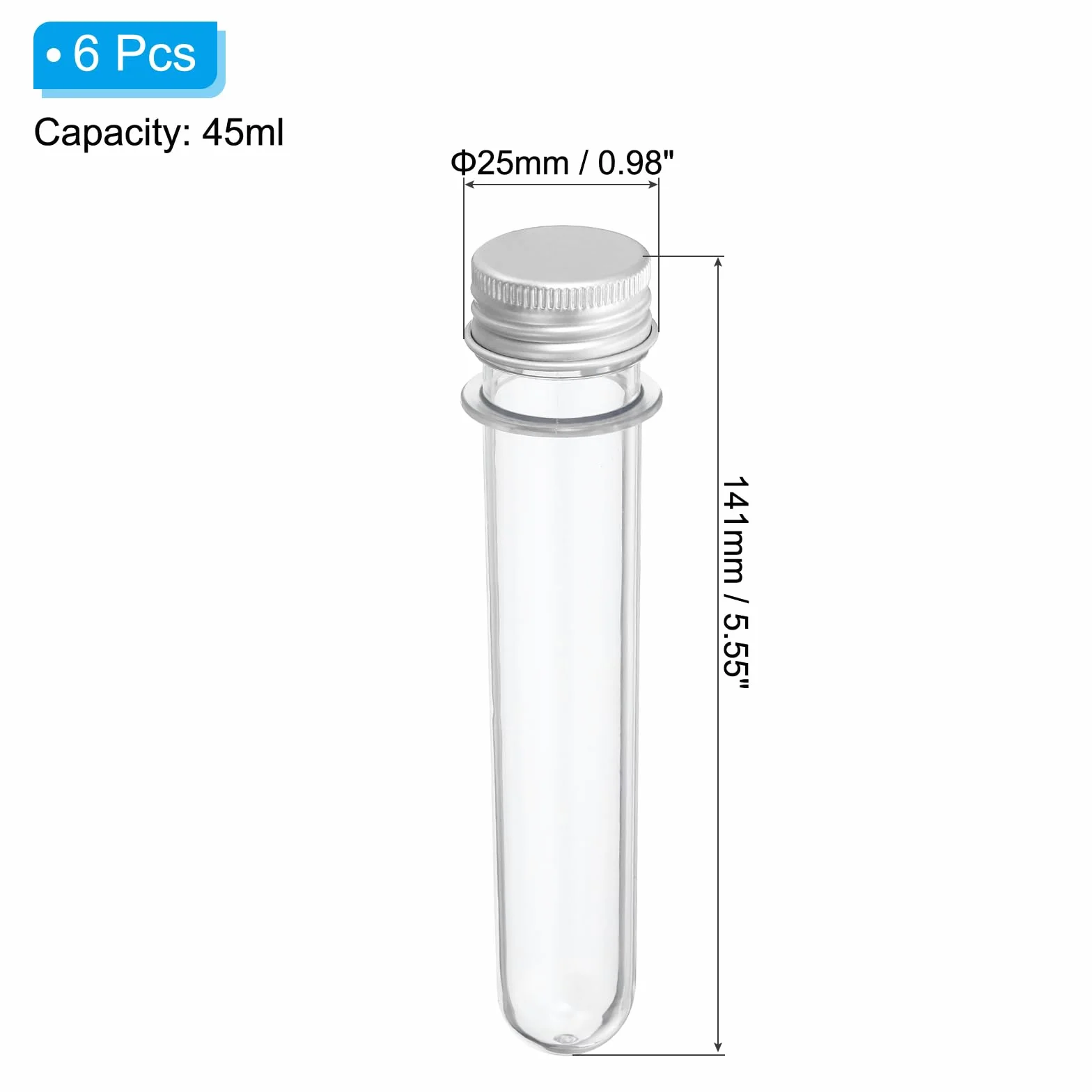 PATIKIL Plastikowe rurki 45 ml nakrętki, 6 szt. 141 x 25 mm dekoracje naukowe, przechowywanie cukierków, pereł, sól do kąpieli, wykorzystanie laboratoryjne, srebrny odcień