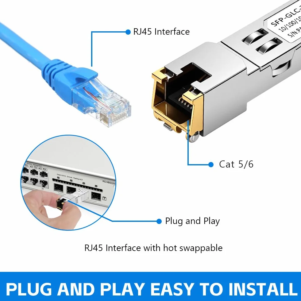 OFFCUP Miedziany moduł SFP do RJ45, 2 szt. SFP Base-T do 100 metrów, nadawca Mini-GBIC kompatybilny z Cisco SFP-10G-TS Ubiquiti UF-RJ45-10G Netgear Mikrotik D-Link Supermicro
