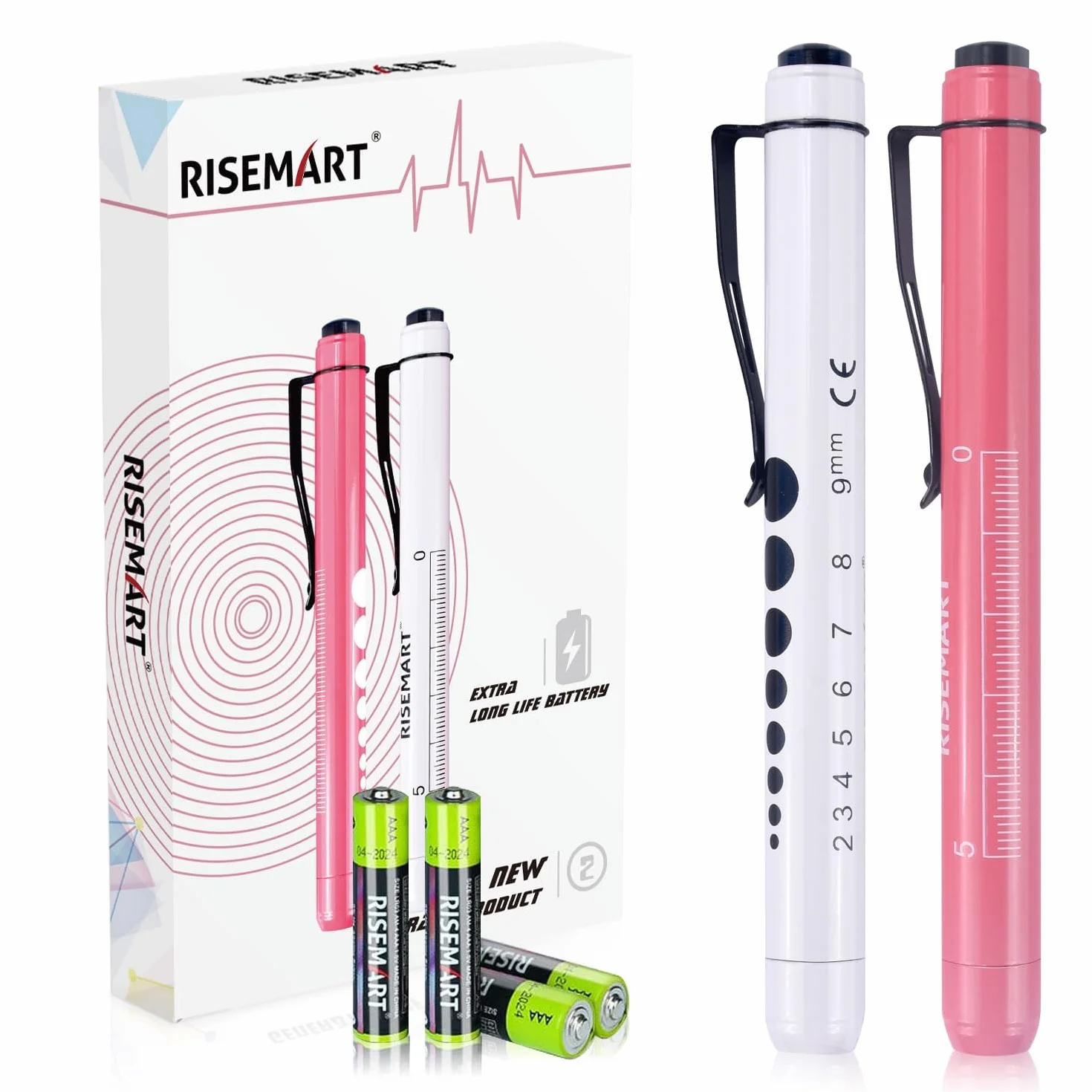 RISEMART lampa diagnostyczna LED 2 sztuki z klipsem do kieszeni różowa i biała