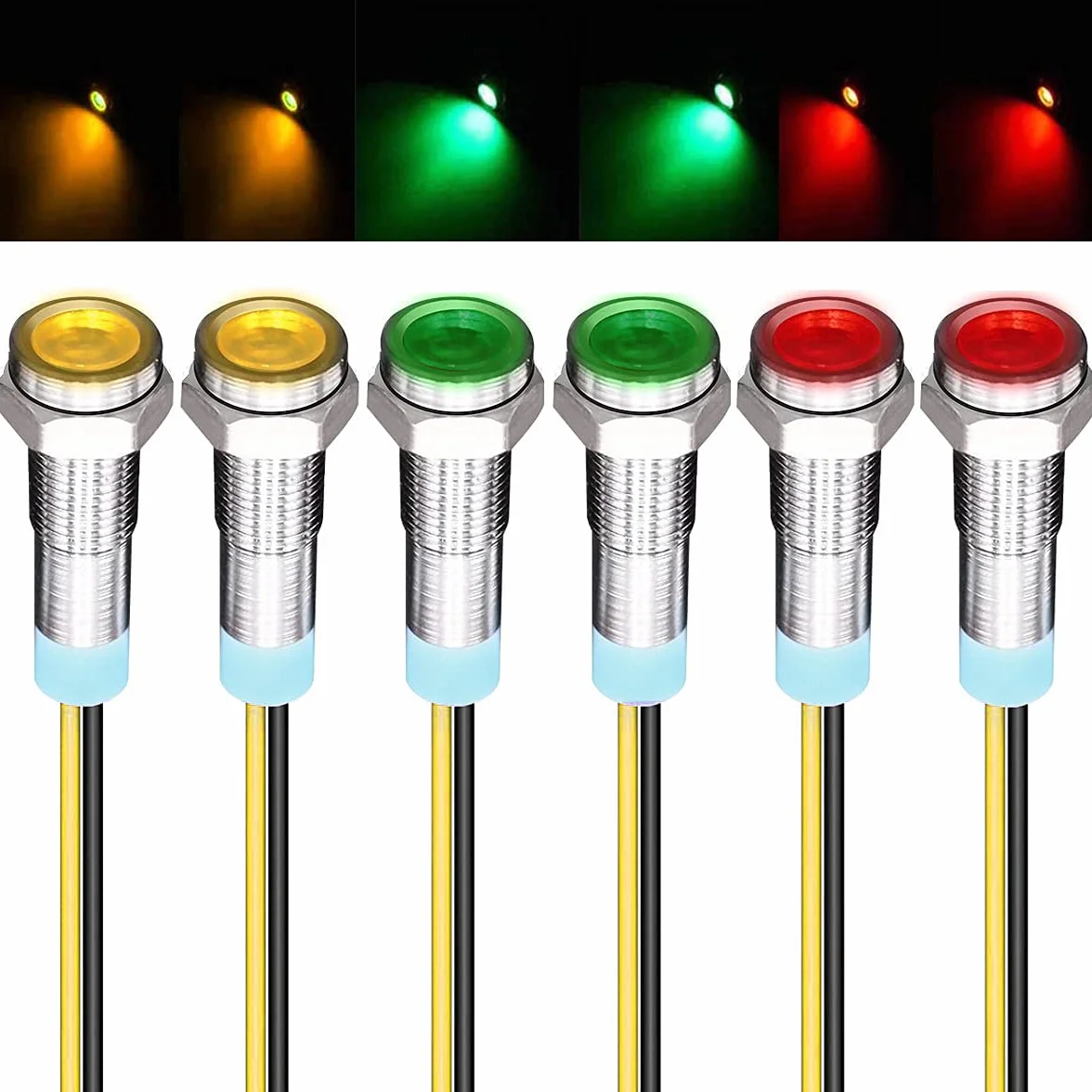 6 Sztuk Lampka Kontrolna LED 220V-230V AC 6mm Panel Pilot Dash Czerwony Żółty Zielony