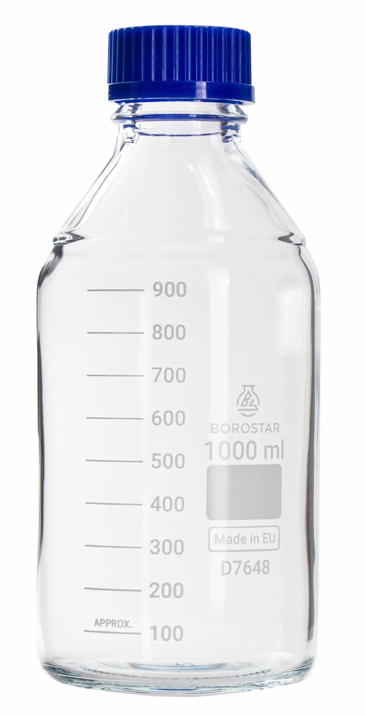 Butelka laboratoryjna (Boro 3.3), GL45, z zakrętką i pierścieniem do nalewania PP, niebieska, 1000 ml