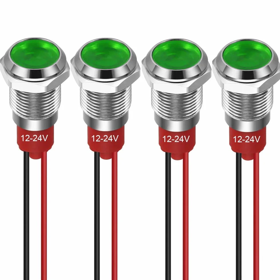 GUUZI 10mm Lampka Kontrolna LED 12-24V Wodoodporna Lampka Sygnalizacyjna Panel Metalowy Wskaźnik LED Lampka Sygnalizacyjna Mocowanie Panelu Głowica Płaska z Przewodami Srebrny Skorupa(Zielony, 4 szt)
