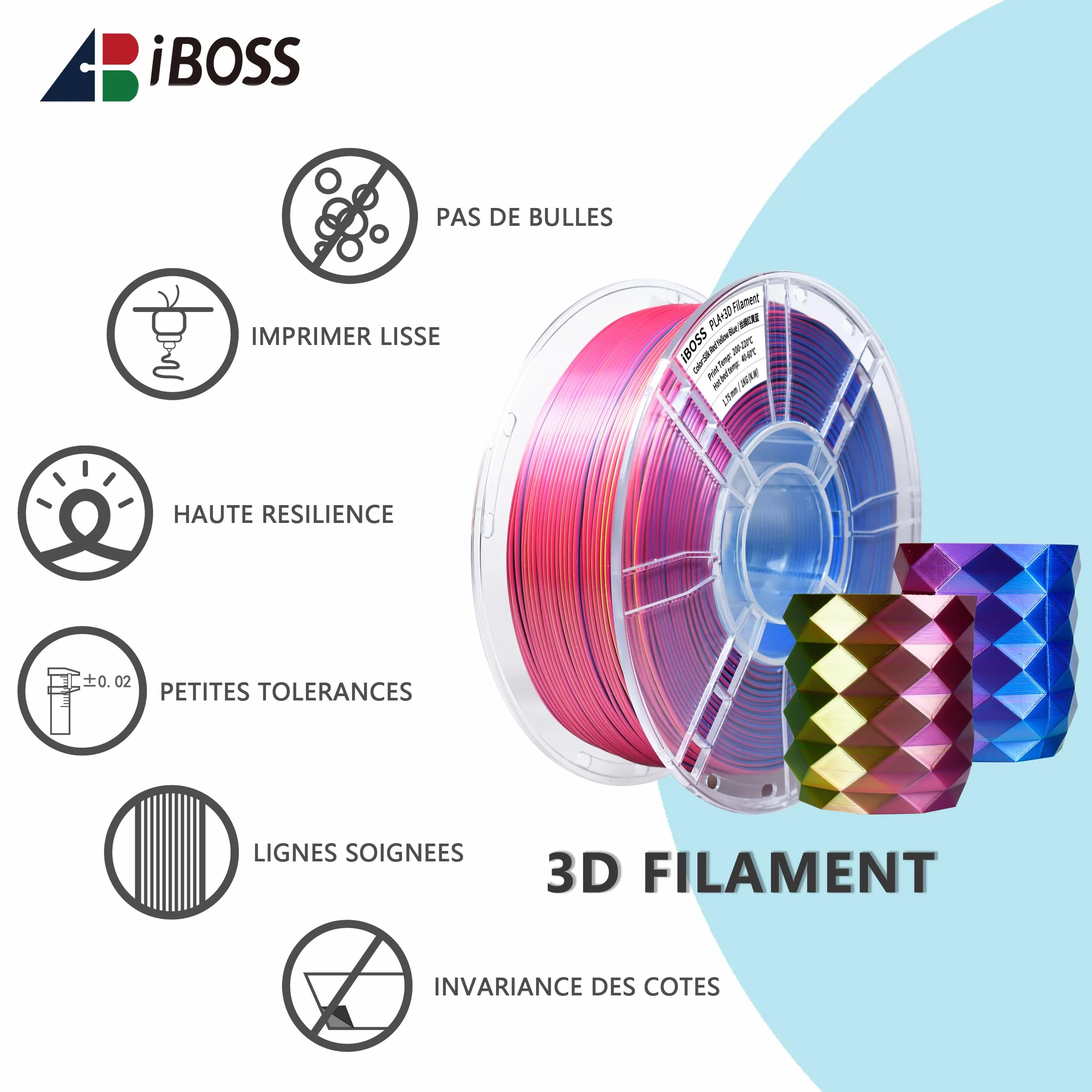 iBOSS Jedwabny PLA+ filament 1,75 mm trójkolorowy lśniący połysk do drukarek 3D FDM szpula 1 kg Jedwabny Czerwony-Żółty-Niebieski