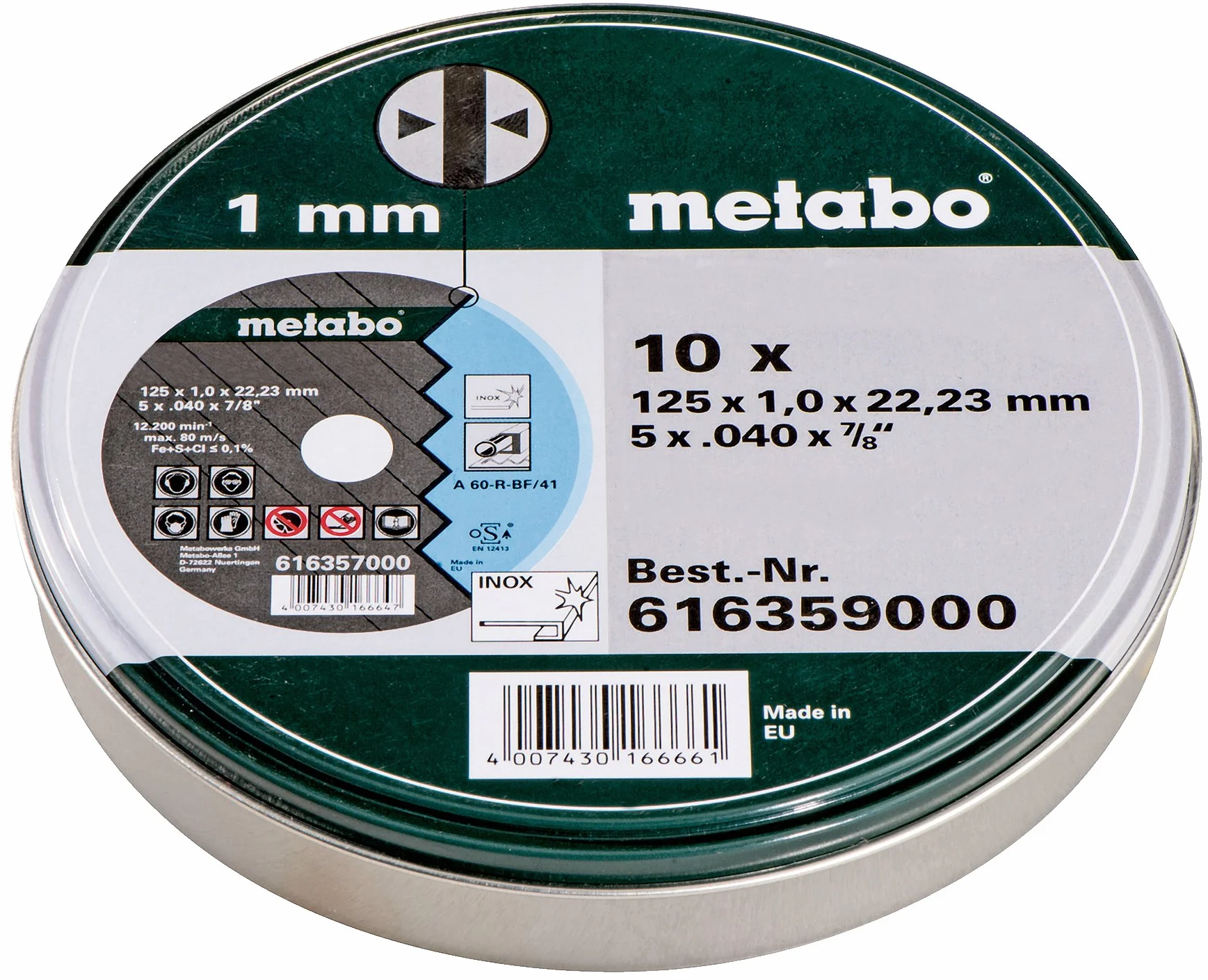 Metabo tarcze tnące SP 125 x 1,0 x 22,23 Inox, TF 41 – 616359000 – Do obróbki stali nierdzewnej – Zestaw 10 sztuk