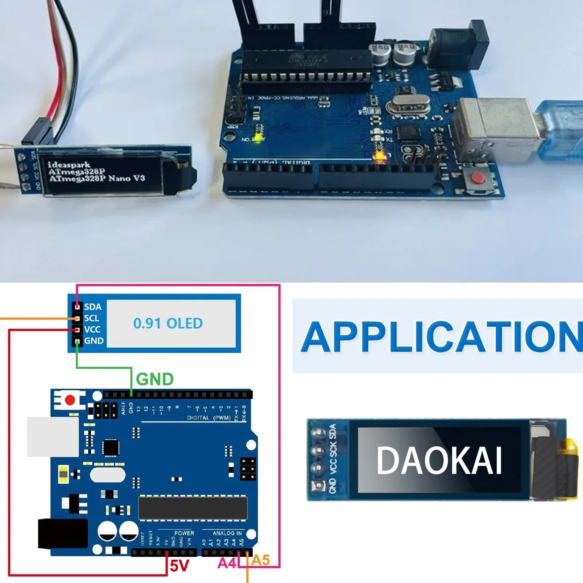 Wyświetlacz OLED 0,91", 128 x 32 piksele, I2C OLED, moduł wyświetlacza, sterownik, mały moduł DC 3,3 V do 5 V, białe znaki, kompatybilny z Arduino (5 sztuk)
