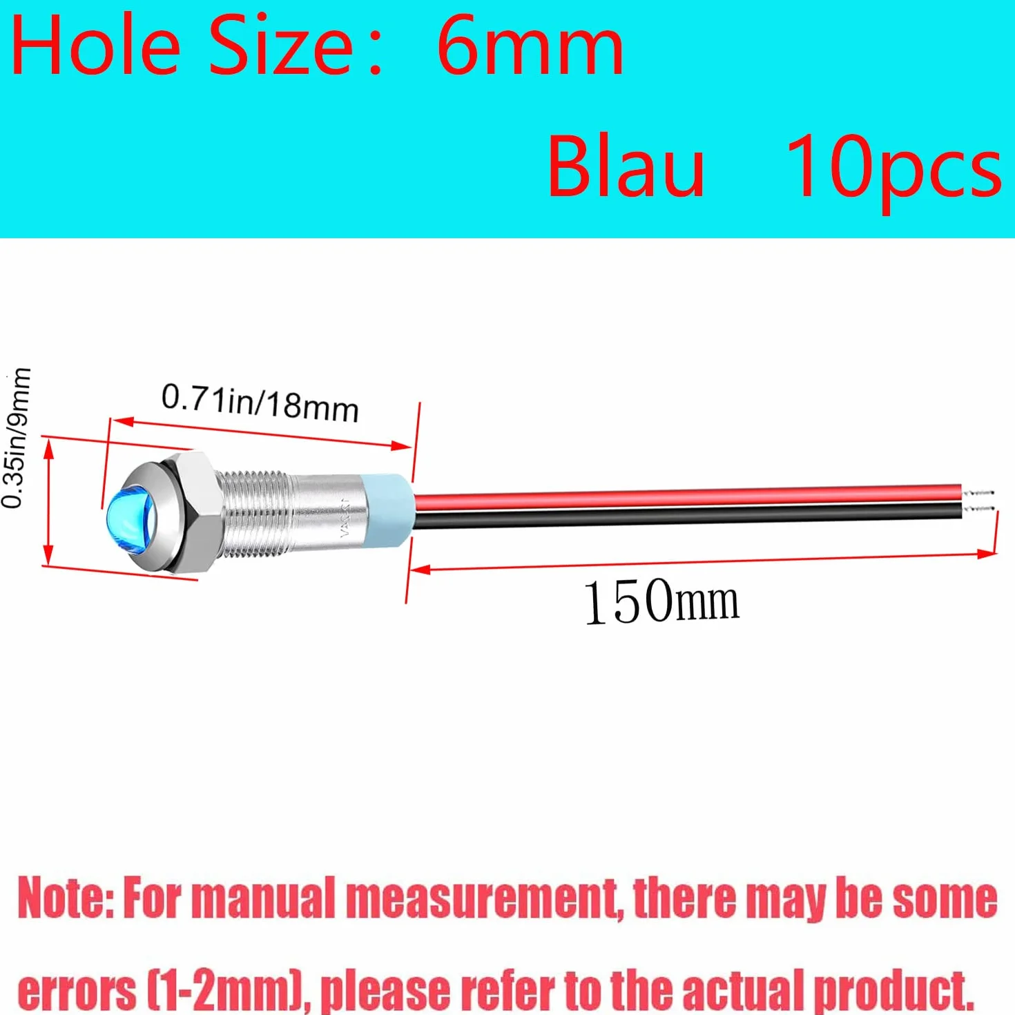 RUNCCI-YUN 10 szt. 12-24 v 6 mm 1/4" DC Metalowy wskaźnik LED, niebieski panel wskaźnika LED, wskaźnik światła 12 V, do vana, łodzi i innych pojazdów uniwersalnych