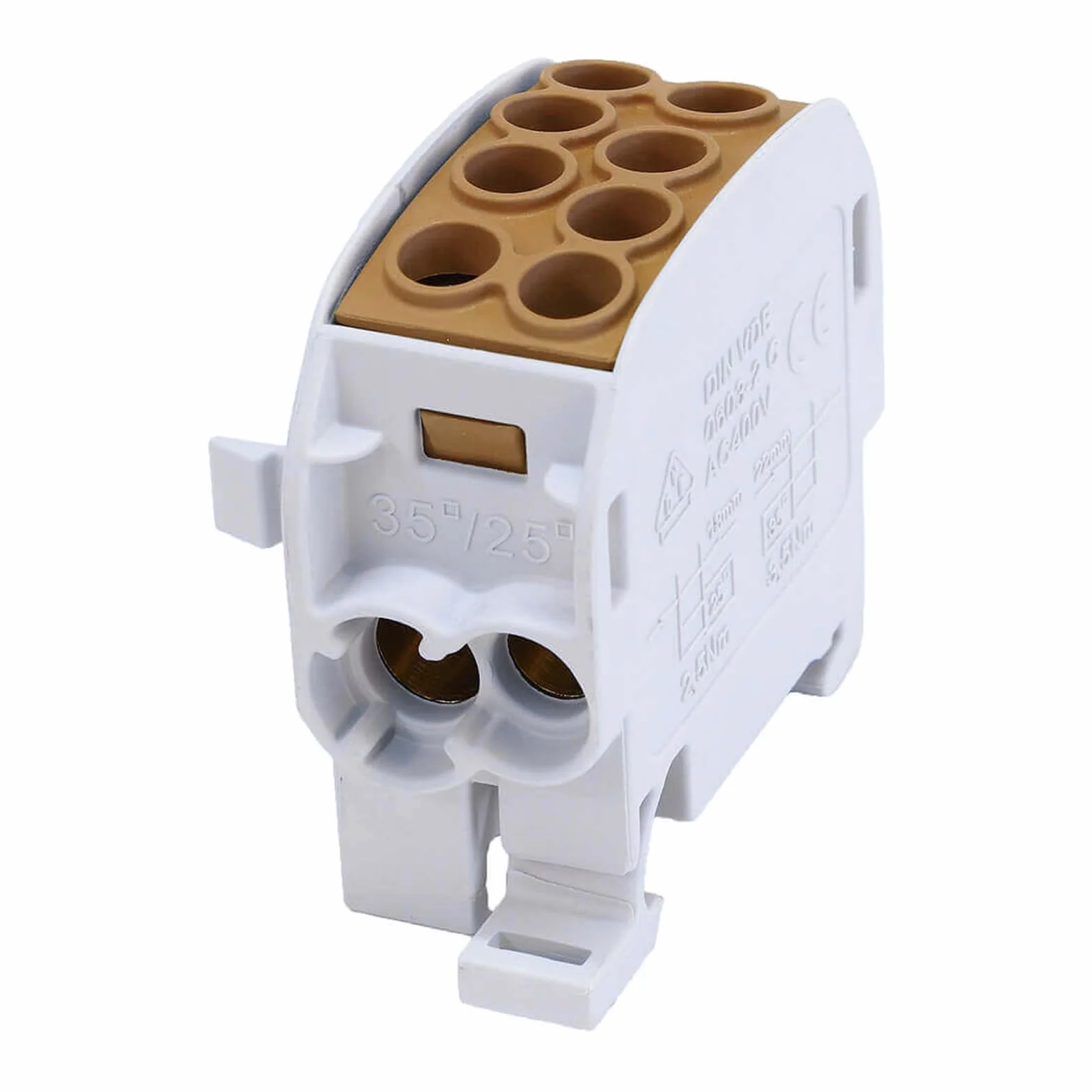 Blok rozdzielczo-rozgałęźny SIMET SCB 35 Al/Cu 80210, 1-biegunowy, 35 mm², do 1000 V AC/DC, montaż na szynie DIN TS35, 29 x 49,3 x 55,4 mm, brązowy