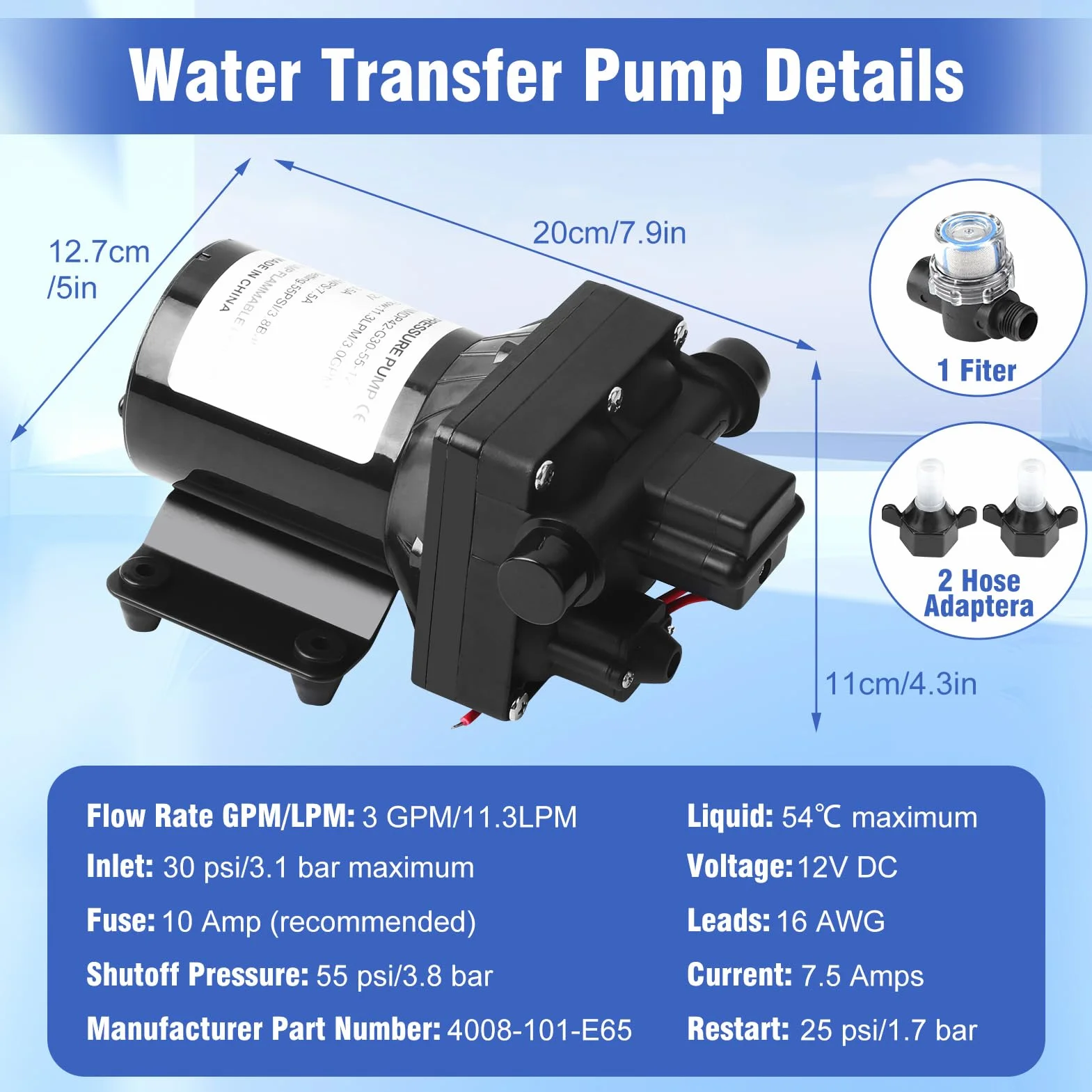 4008101E65 pompa wodna 12 V, 3 GPM 55 PSI DC, pompa samozasysająca 7,5 A, pompa ciśnieniowa z membraną 4-komorową i przełącznikiem ciśnieniowym do przyczep kempingowych, jachtów, ogrodu