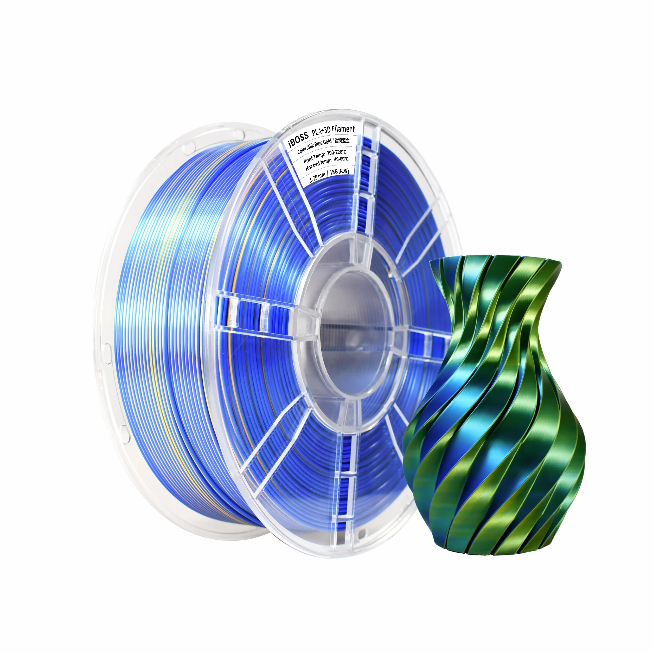 iBOSS PLA PLUS filament do drukarki 3D, 1,75 mm, dwukolorowy jedwabny filament do drukowania 3D, współwytłaczany, jedwabny, dwukolorowy, niebieski zielony
