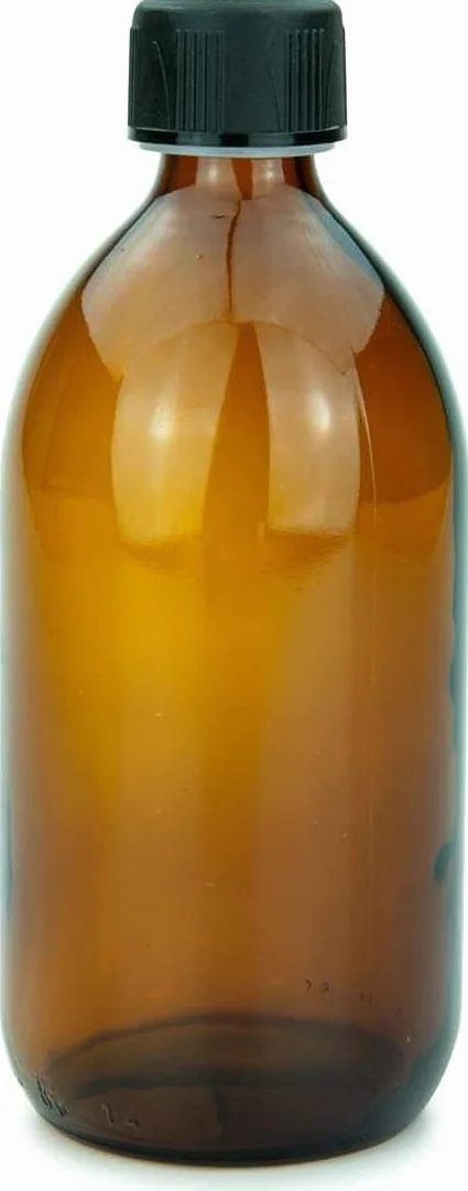 brązowa szklana butelka 500 ml z pokrywką, kubek z miarką i etykietą do opisywania