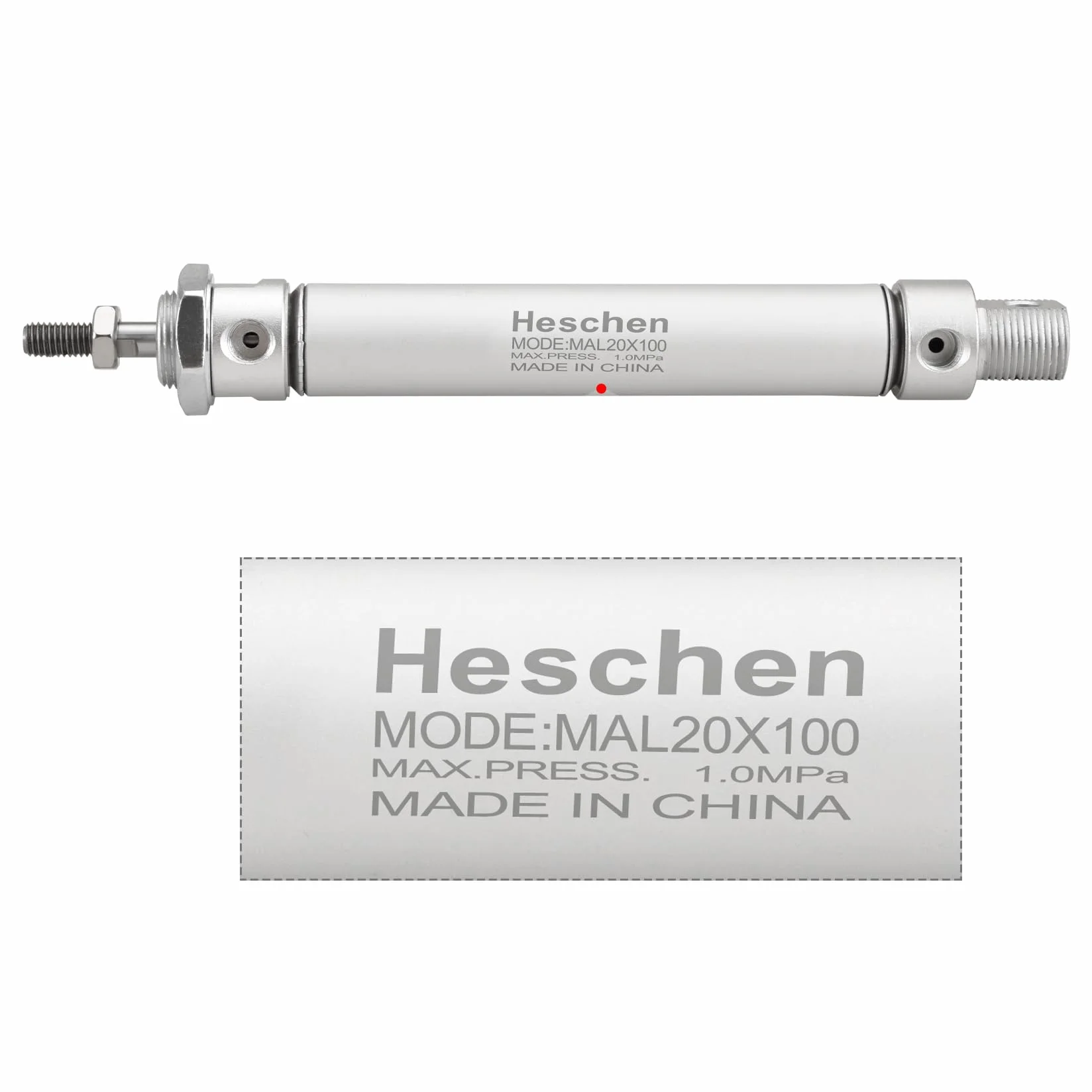 Heschen Smukły cylinder pneumatyczny MAL 20-100 otwór 20 mm skok 100 mm dwustronny PT1/8 cala metal 145 PSI