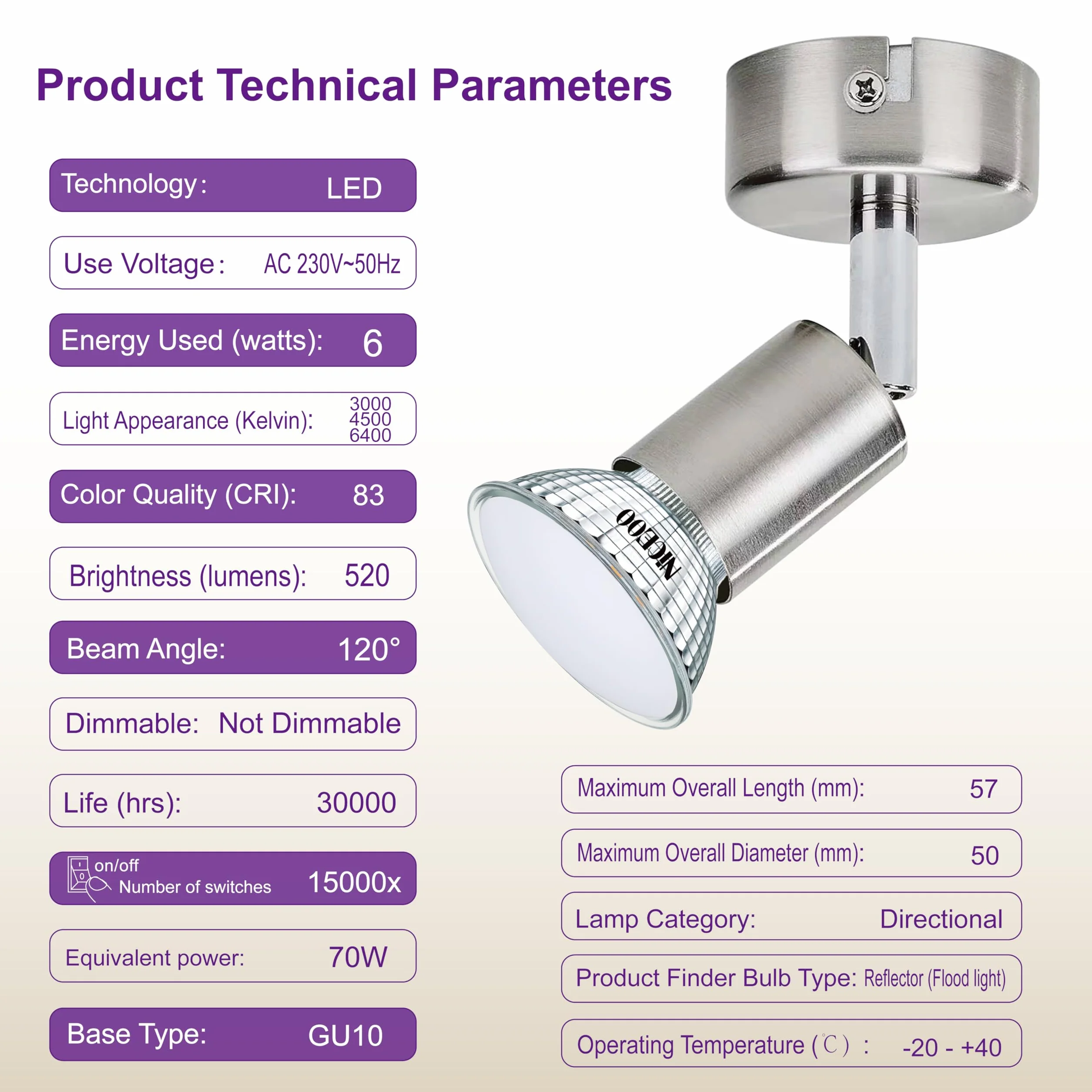 GU10 LED 520lm 3000K 4500K 6400K 6 szt.