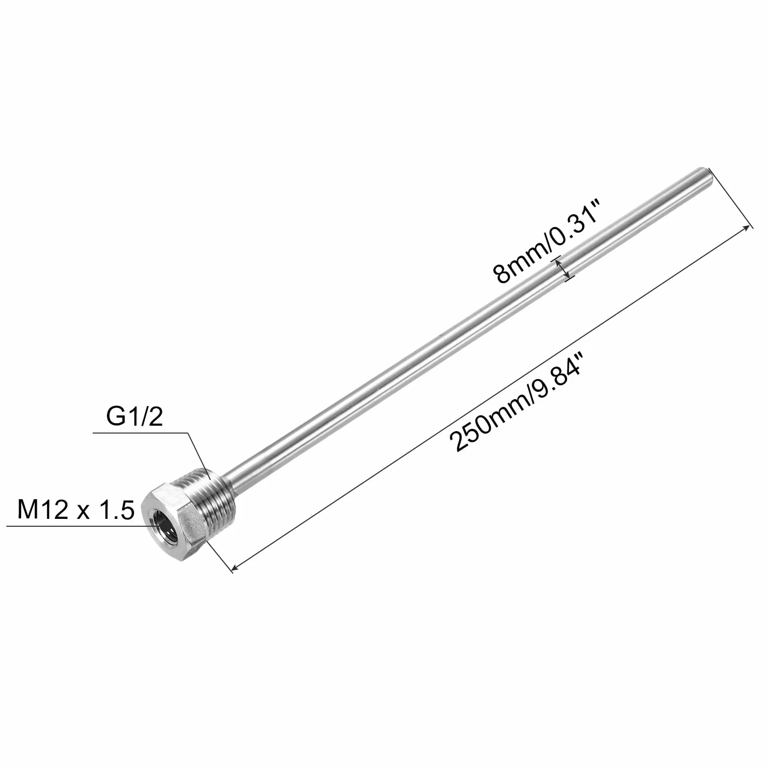 QUARKZMAN G1/2 Średnica 8 mm G1/2 Spawany Termometr ze stali nierdzewnej 304 z dławikiem kablowym o długości 250 mm do fermentora piwa, czarny