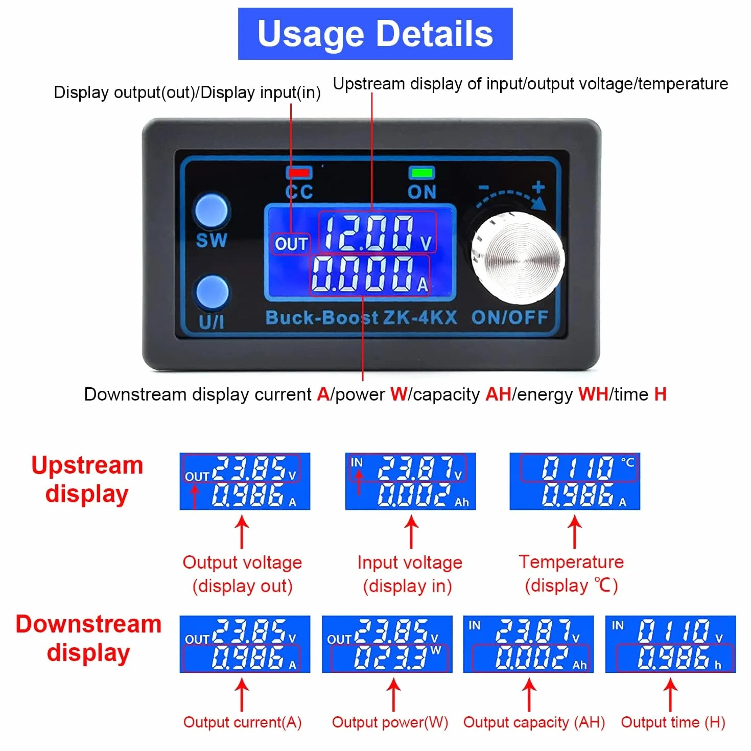 DC DC Boost Buck Converter regulator napięcia moduł mocy CC CV 0,5-30V 4A 5V 6V 12V 24V wyświetlacz LCD regulowane napięcie zasilanie laboratoryjne.