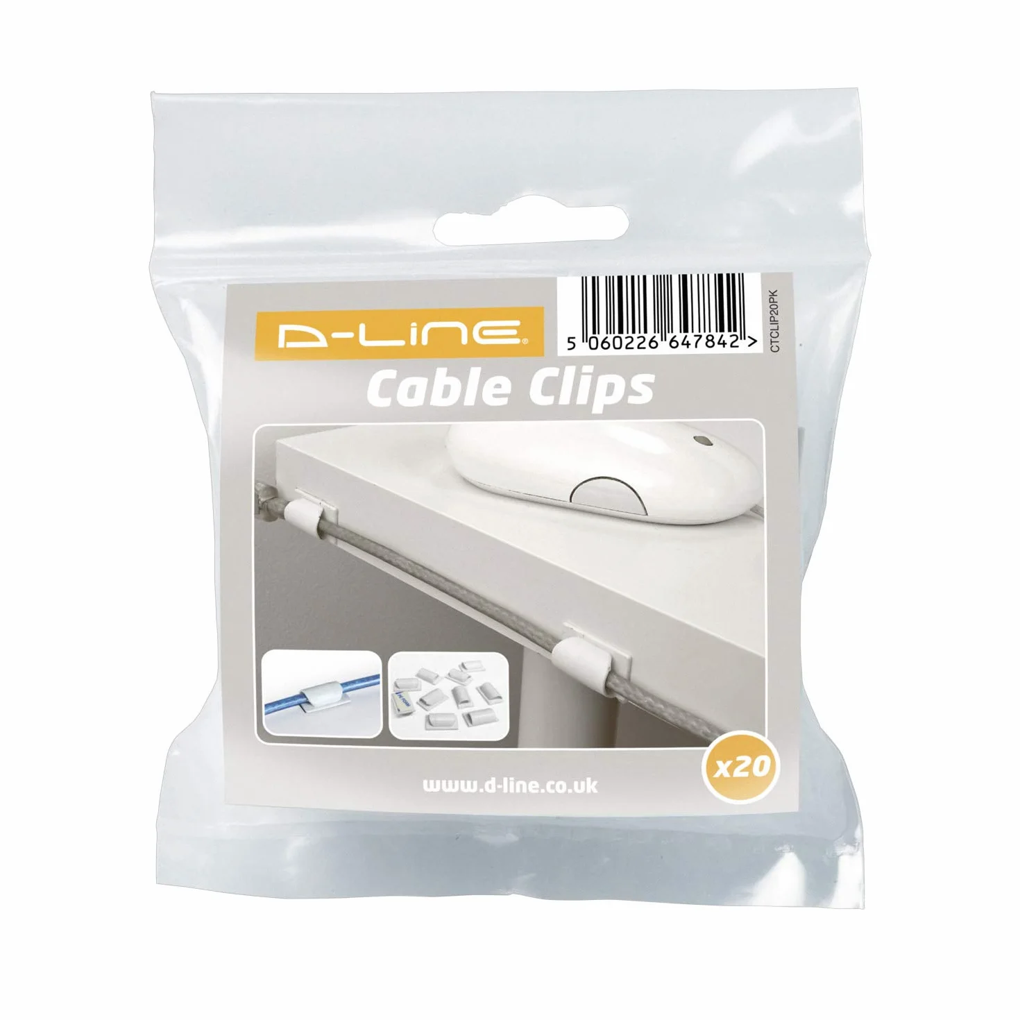 D-Line CTCLIP20PK, Klipsy do układania kabli, praktyczne mocowanie kabli samoprzylepnych, Zaciski kablowe do ładowarek mobilnych i oświetlenie dekoracyjne - Pakiet 20, Biały