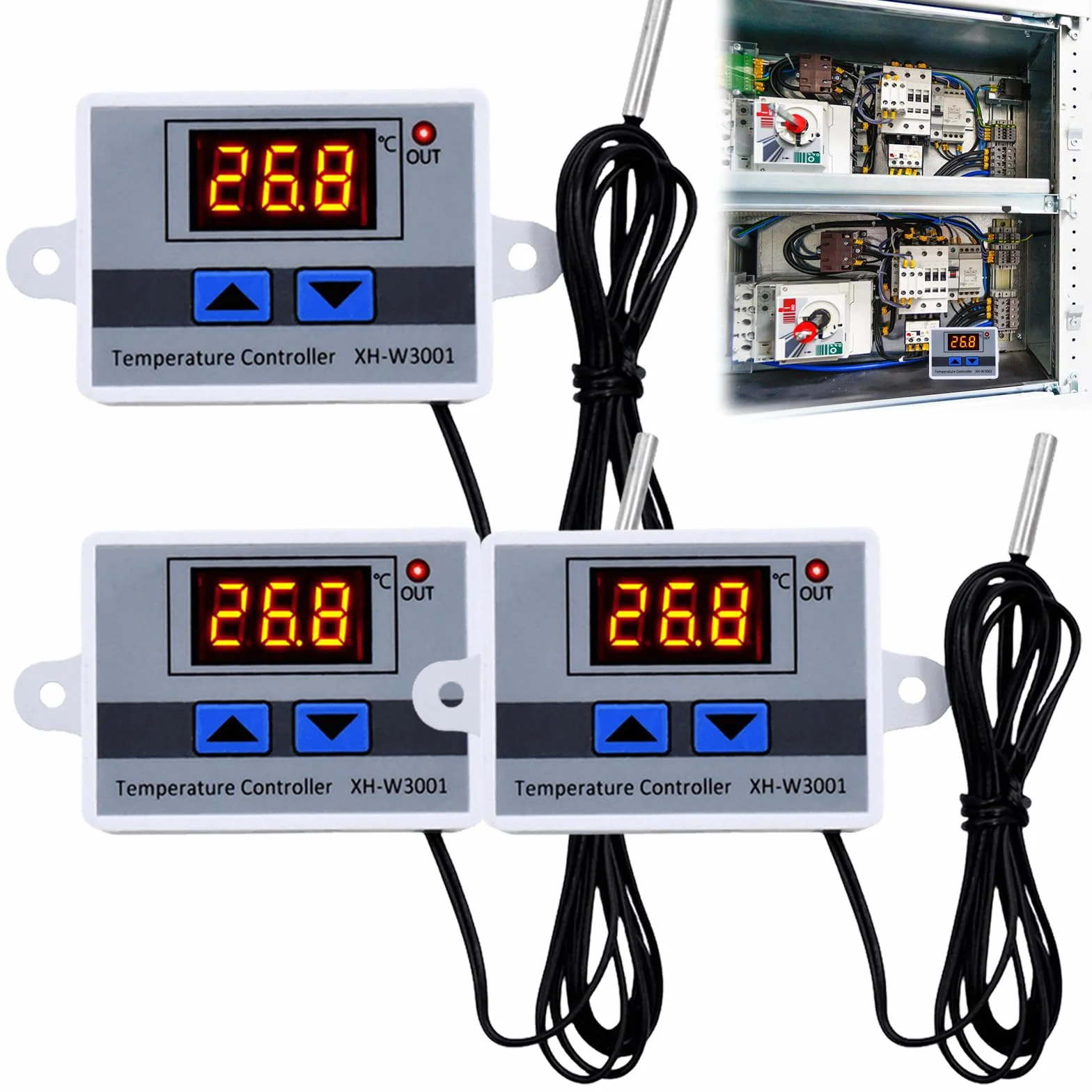 3 sztuki cyfrowego regulatora temperatury, termostat cyfrowy XH-W3001 z czujnikiem, wodoodporna sonda AC110V-220V, wyświetlacz LCD, termostat do ogrzewania i chłodzenia