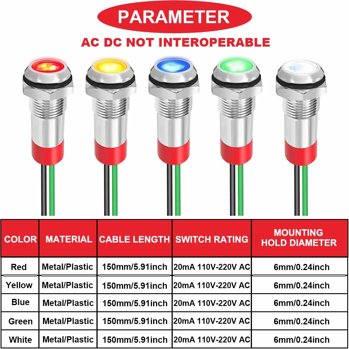 Metalowa lampka sygnalizacyjna LED 6 mm AC 110-220 V wodoszczelna czerwony/żółty/niebieski/zielony/biały