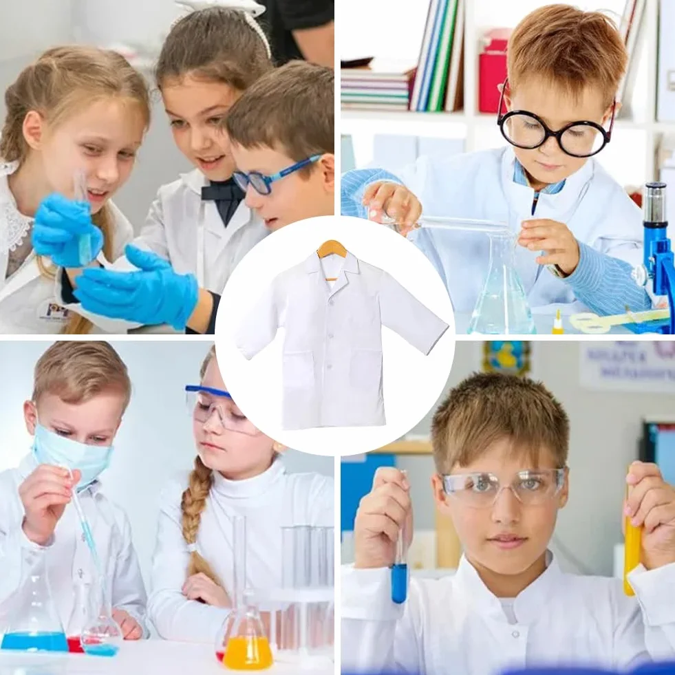 Comioke Fartuch lekarski dla dzieci, bawełna, fartuch laboratoryjny, dla dzieci, chłopców, dziewczynek, chemia, płaszcz laboratoryjny, długi rękaw, fartuch, biały kostium lekarza, płaszcz dla uczniów