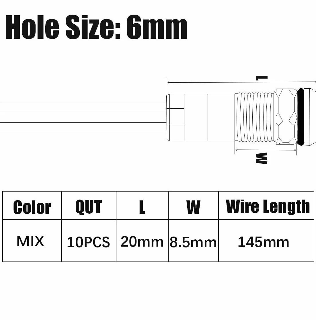Gebildet 10 szt. 6mm 1/4 cala AC/DC 12-24V LED Energooszczędny Metalowy Wskaźnik Swietlny Wodoodporna lampa Sygnalizacyjna z Przewodem (zielony/żółty/czerwony/niebieski/biały)