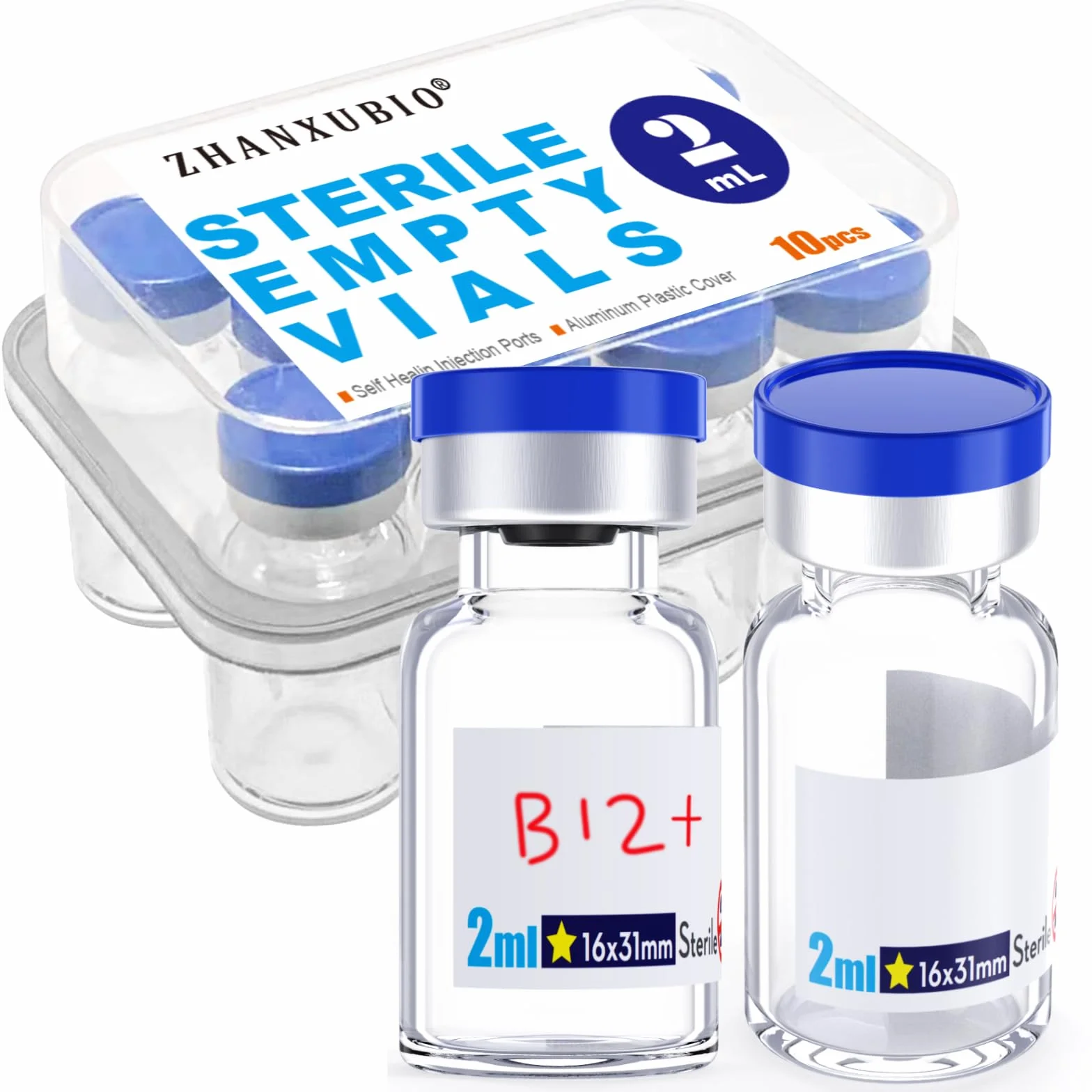 Sterylne szklane fiolki z portem do wstrzykiwań samoregenerującym się i klapką, sterylne opakowanie, 10 sztuk (2 ml, 10)