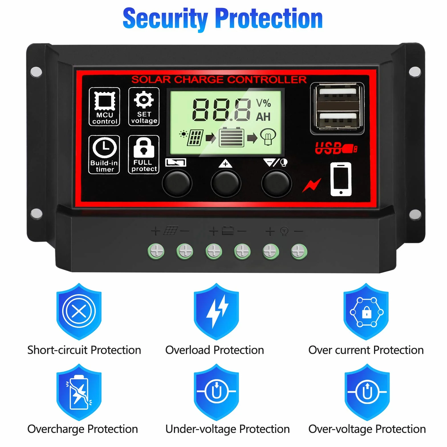30A regulator ładowania słonecznego, 12V/24V regulator PWM regulator panelu słonecznego regulowanym wyświetlaczem LCD ustawienie timera PWM automatyczny parametr regulatora panelu słonecznego, czarny