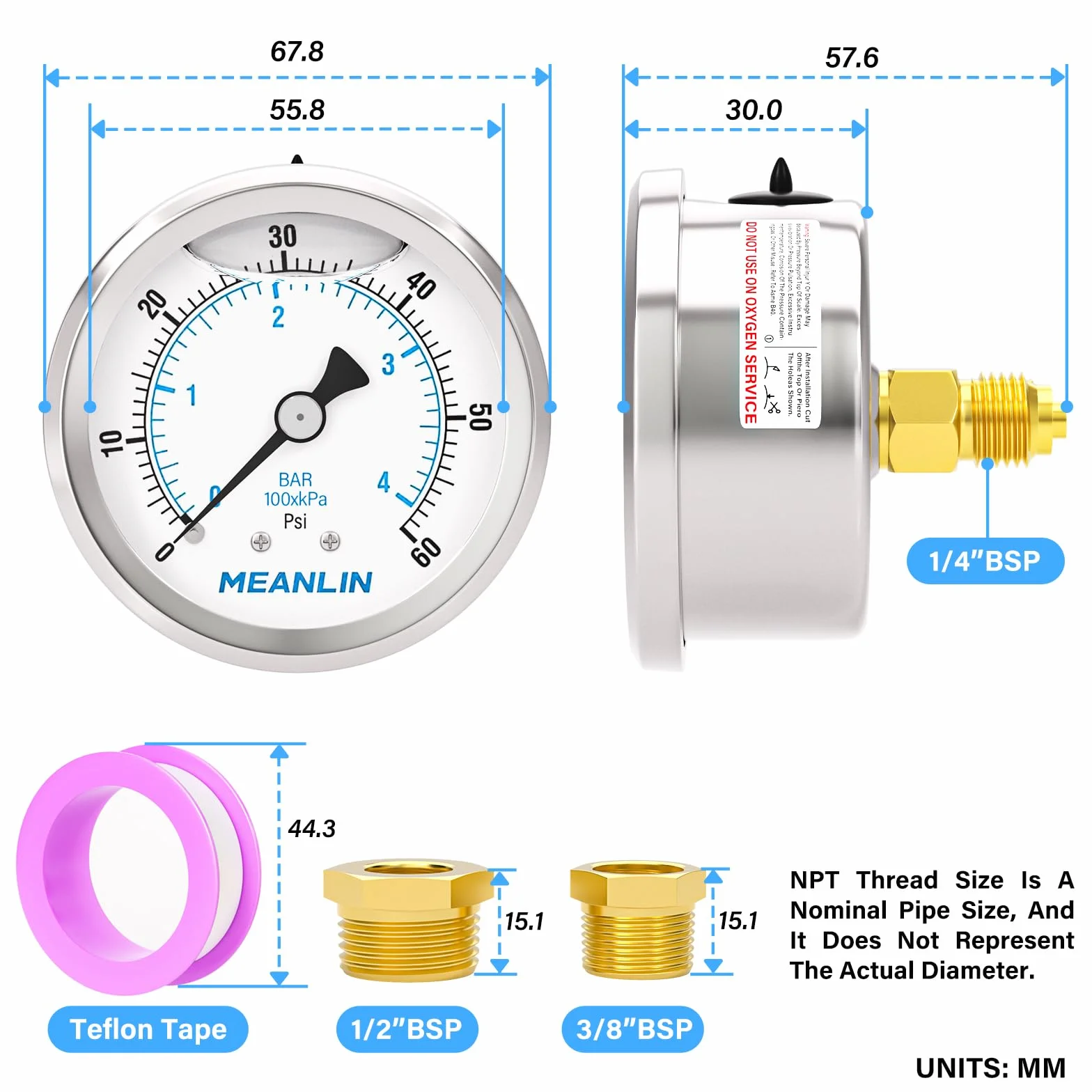 MEANLIN MEASURE 0-4BAR/0~60Psi ze stali nierdzewnej 1/4" BSP 2,5" FACE DIAL WOG uchwyt na wodę z tyłu powietrza, z 1/4" x 1/2" BSP i 1/4" x 3/8" BSP Hex Bushing