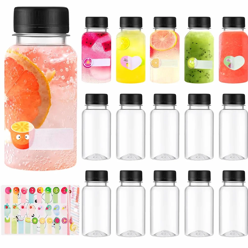 15 sztuk butelek na sok do napełniania, 100 ml, wielokrotnego użytku PET z pokrywką, mini plastikowe butelki z naklejką, butelki na sok, napoje wodne (czarne)