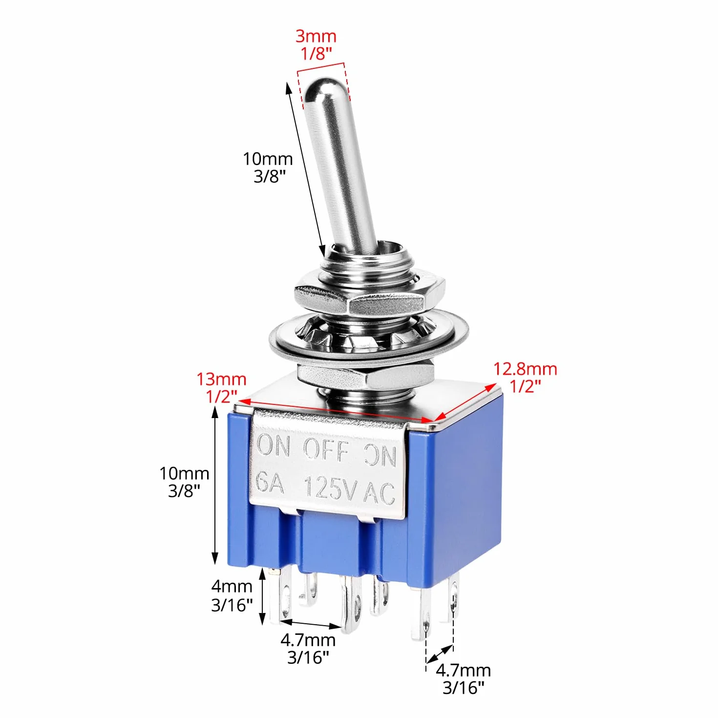 QWORK® MTS-203 DPDT 3-pozycyjny przełącznik dźwigienkowy, 6-pinowy AC 125 V 6 A ON-OFF-ON, 10 sztuk
