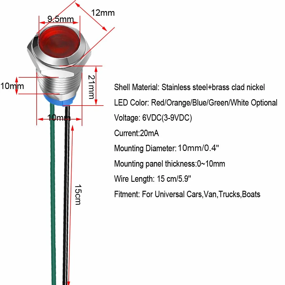 Gebildet 5sztuk 10mm Energooszczędna Dioda LED Wskaźnik Świetlny 3V-9VDC Wodoodporna Lampka Sygnalizacyjna Czerwona