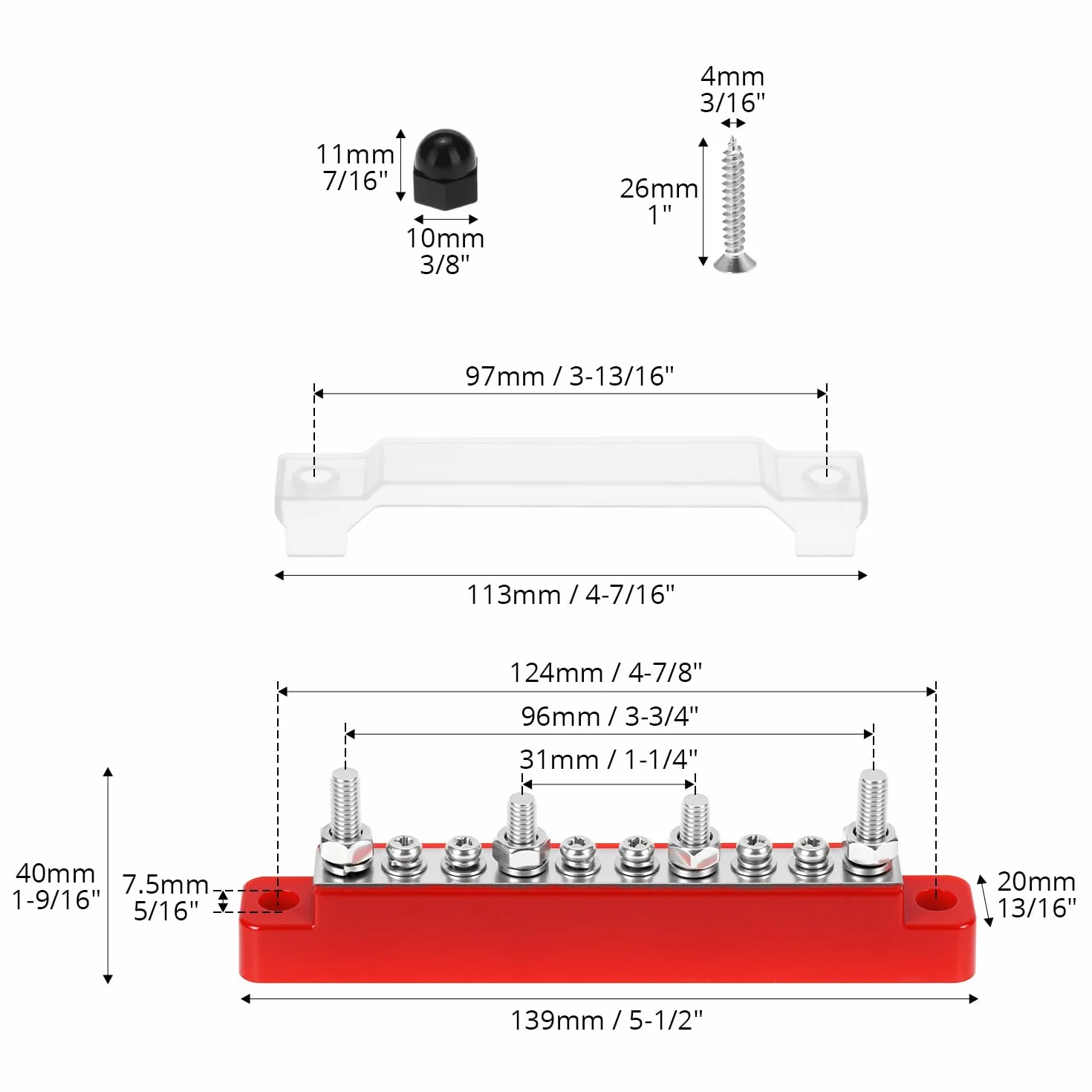 QWORK Listwa rozrządu 150 A 12 V z 4 kołkami M6 i 6 śrubami M4, listwa zaciskowa dystrybucji zasilania do samochodu, łodzi, instalacji wodnych i solarnych, czarno-czerwony