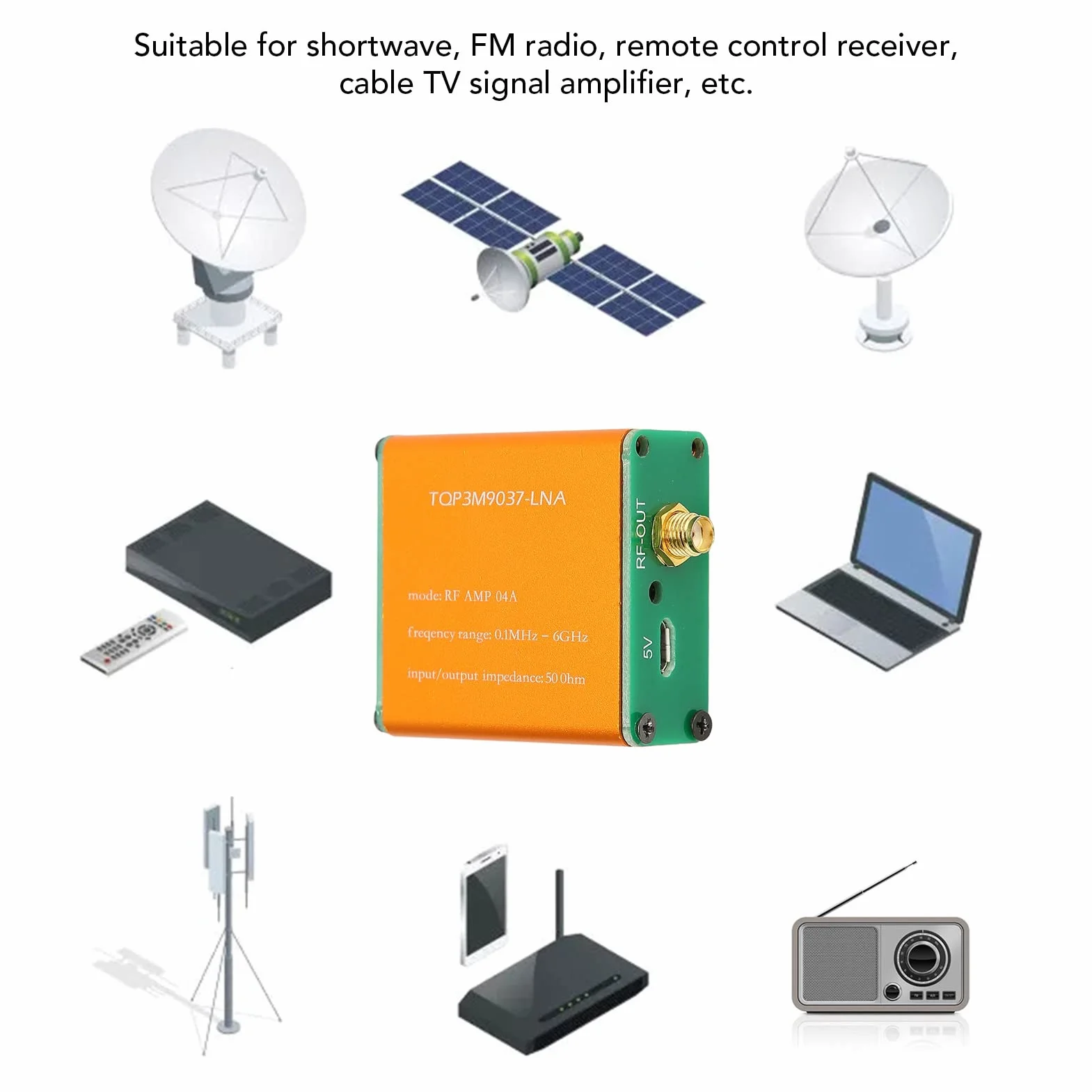 Wzmacniacz LNA 20 dB 0,1 MHz - 6 GHz, moduł przedwzmacniacza mocy z gniazdem SMA do radia FM HF