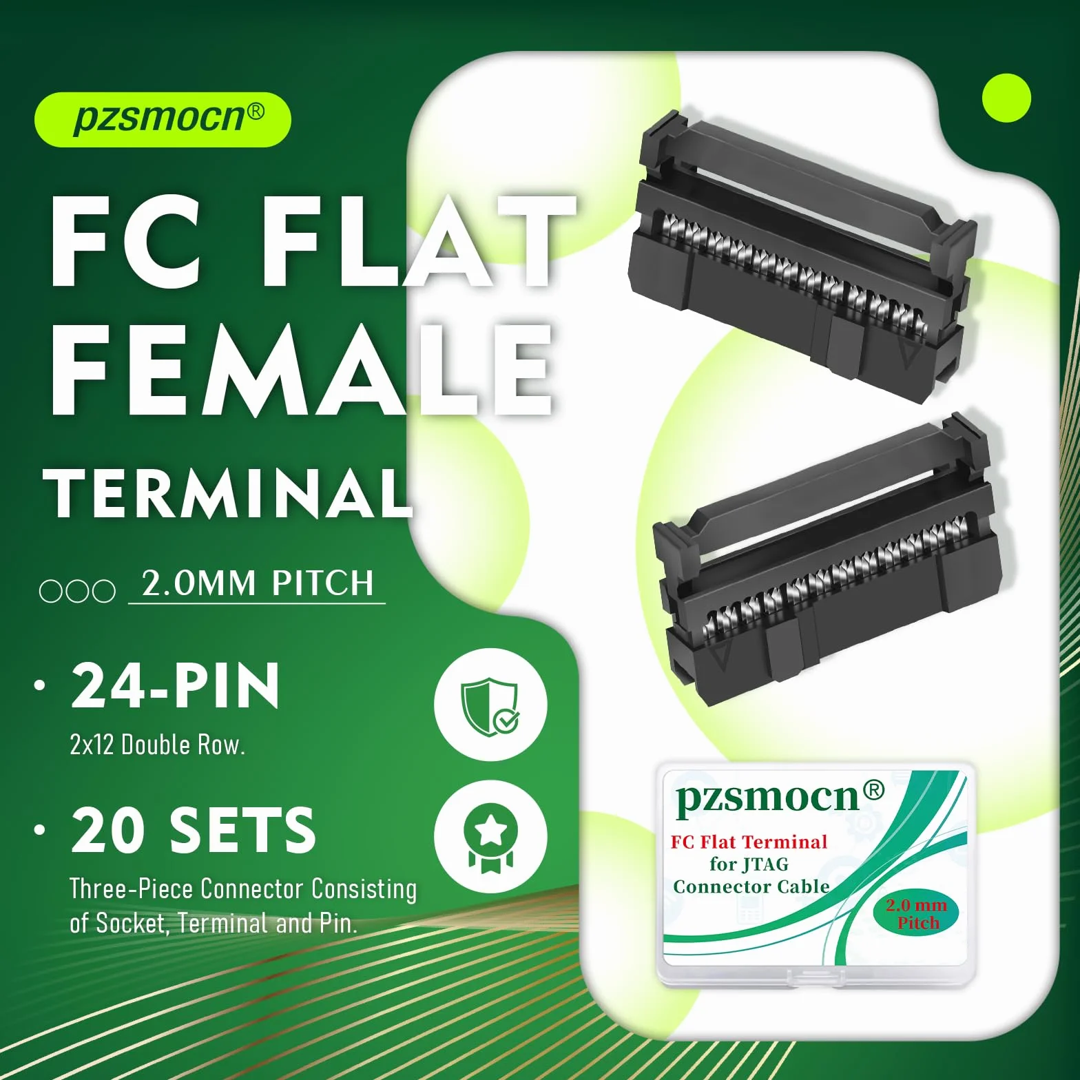 20 zestawów IDC 2 x 12 dwurzędowe 24 piny złącze prostokątne FC terminal żeński płaski 3 sztuki podziałka 2,0 mm, 24 piny adapter FC terminal żeński płaski do kabla złącza JTAG