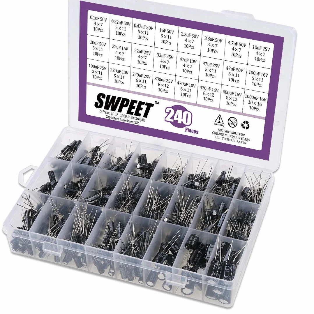 Swpeet Zestaw 240 szt. kondensatory elektrolityczne 0,1uF-1000uF 10V/16V/25V/50V aluminiowe radialne