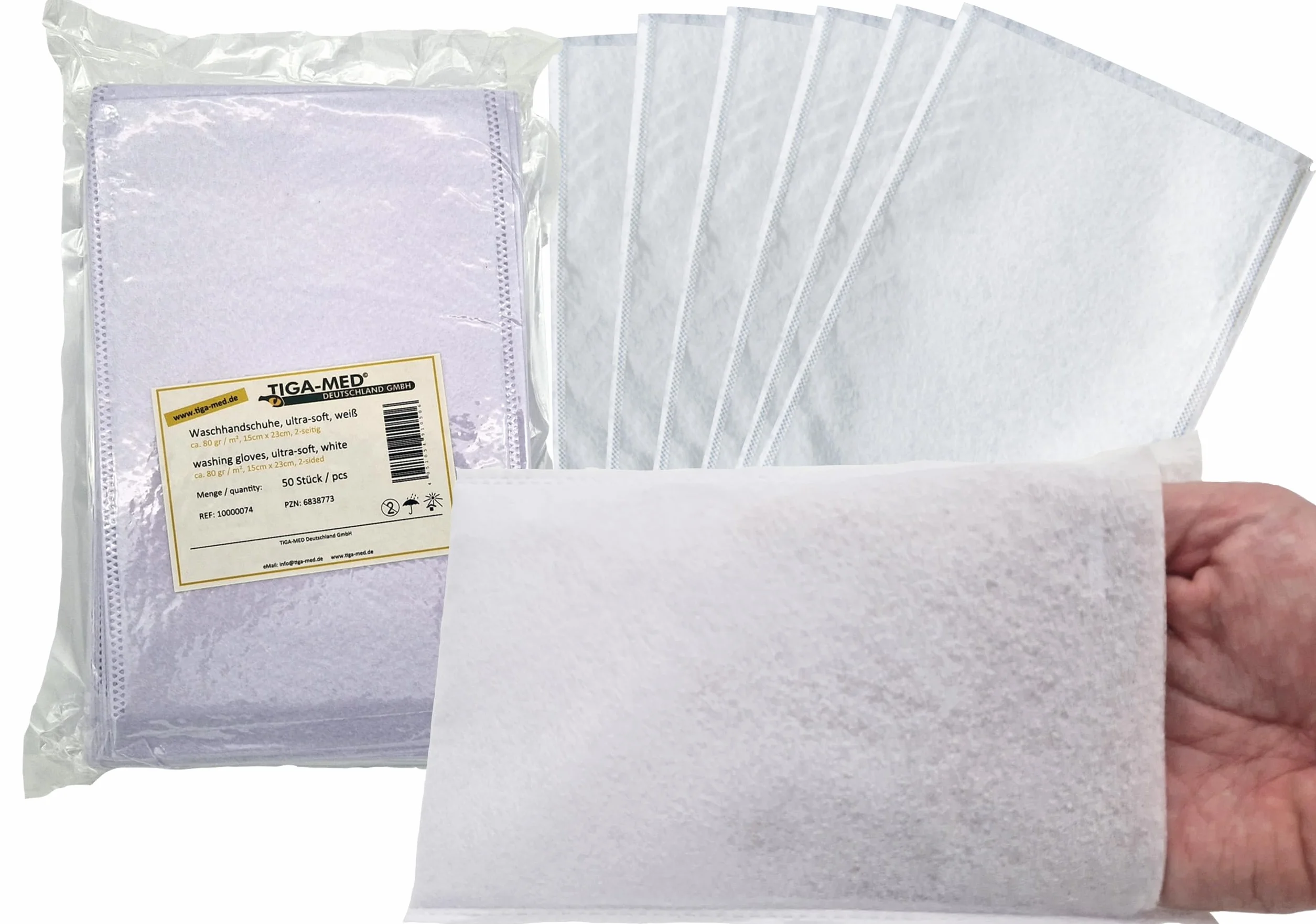Tiga-Med Waschhandschuhe Einmal Einweg ultrasoft Molton weiss 100 sztuk