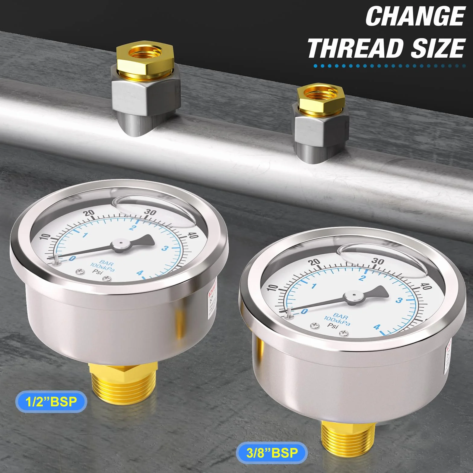 MEANLIN MEASURE 0-4BAR/0~60Psi ze stali nierdzewnej 1/4" BSP 2,5" FACE DIAL WOG uchwyt na wodę z tyłu powietrza, z 1/4" x 1/2" BSP i 1/4" x 3/8" BSP Hex Bushing