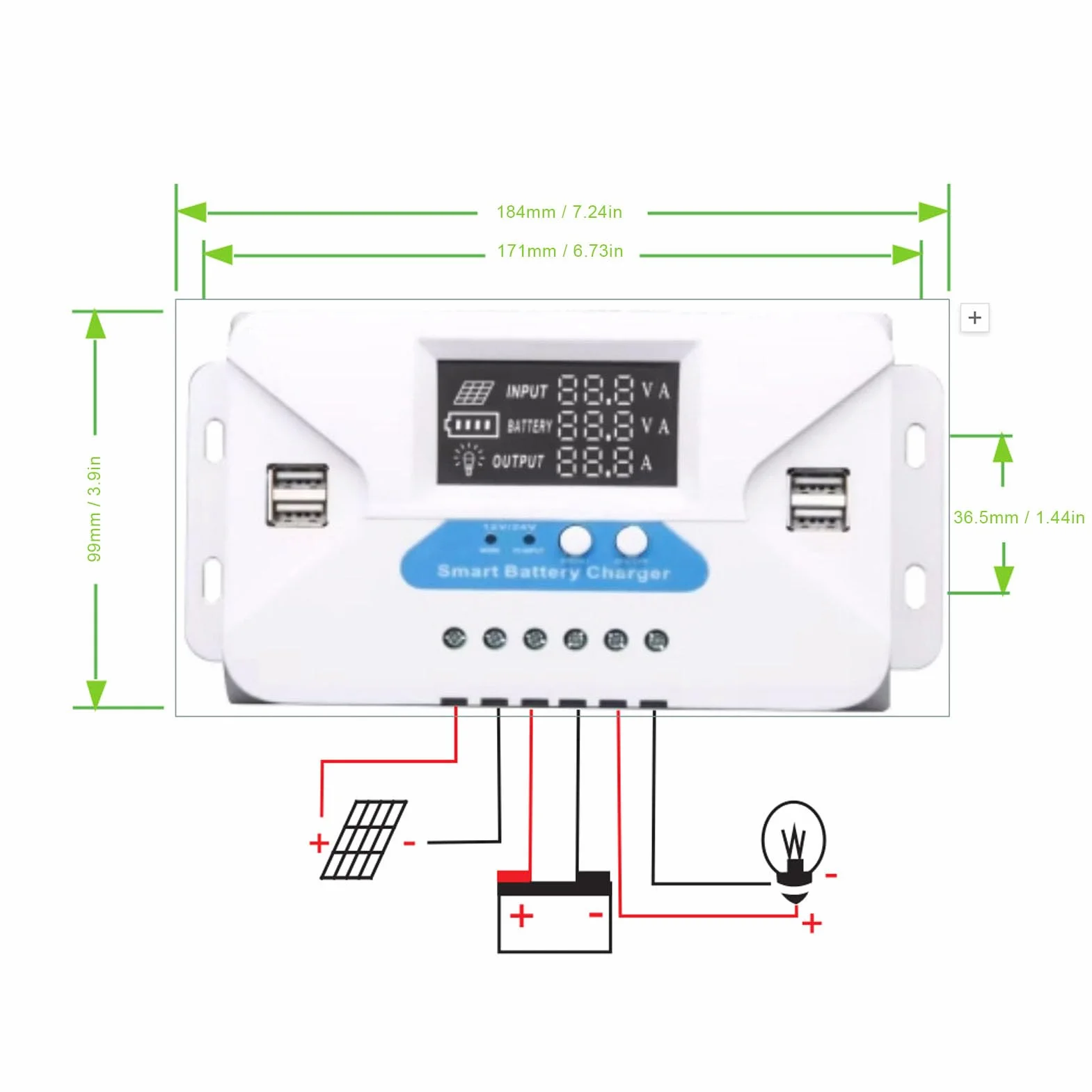 Luocute Kontroler ładowania Słonecznego 60A, Regulator MPPT 12V 24V z Wyświetlaczem LCD 4 Wyjścia USB, Kontrolery Energii Odnawialnej dla Baterii Litowo-fosowej Domowe Latarnie
