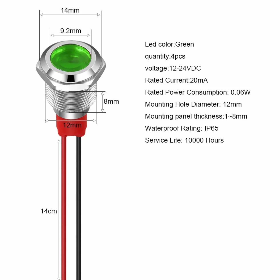 GUUZI 12mm Lampka Kontrolna LED 12-24V Wodoodporna Lampka Sygnalizacyjna Panel Metalowy Wskaźnik LED Lampka Sygnalizacyjna Mocowanie Panelu Głowica Płaska z Przewodami Srebrny Skorupa(Zielony, 4 szt)