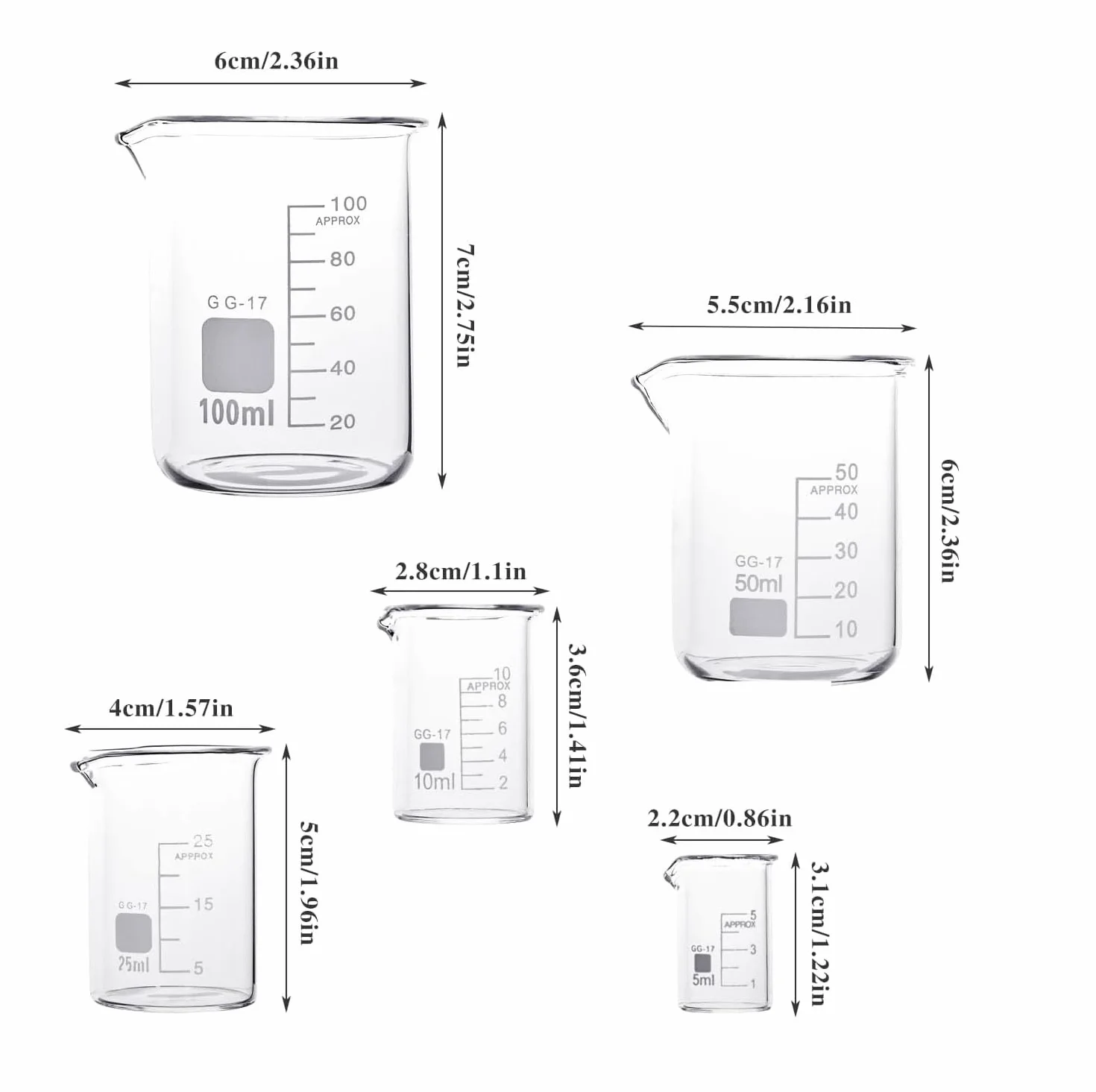 LATRAT 5 szt. stopniowanych kubków z miarką, szklanka borokrzemowa, do laboratorium, odporna na wysokie temperatury, do laboratorium, 5 ml, 10 ml, 25 ml, 50 ml, 100 ml