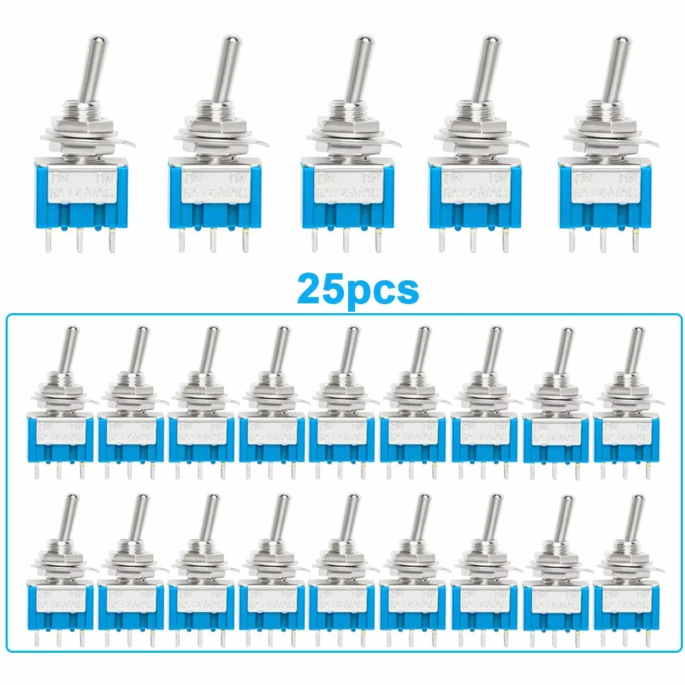 25 szt. Premium 6A / 125VAC Mini przełącznik dwustabilny, 3 piny, 2-pozycyjny, blokujący przełącznik kołyskowy SPDT, MTS102